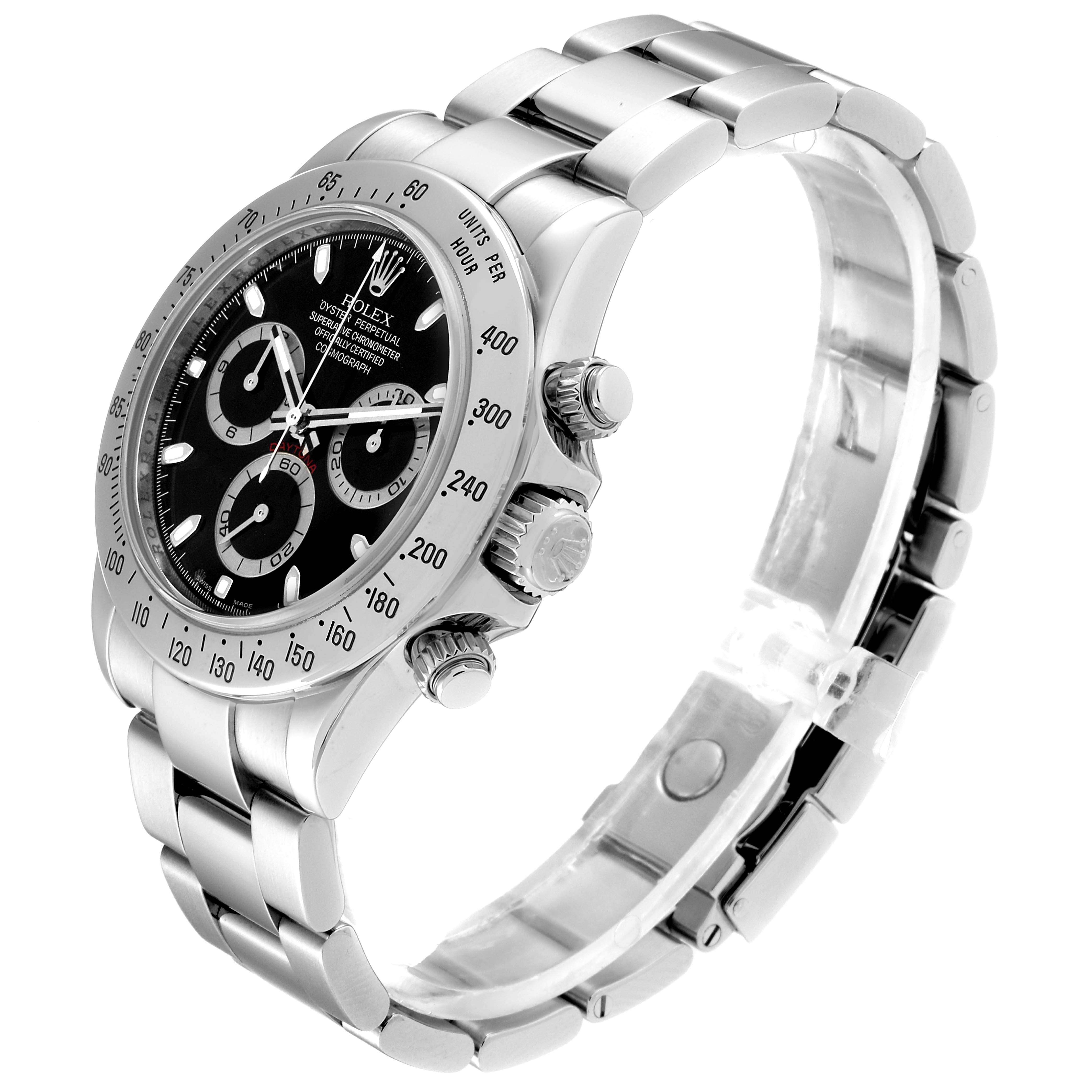 The image shows a side-angle view of a Rolex Daytona 116520 Men's Stainless Steel Black Dial 116520 Men's Stainless Steel Black Dial watch, highlighting its bracelet, bezel, crown, and pushers.