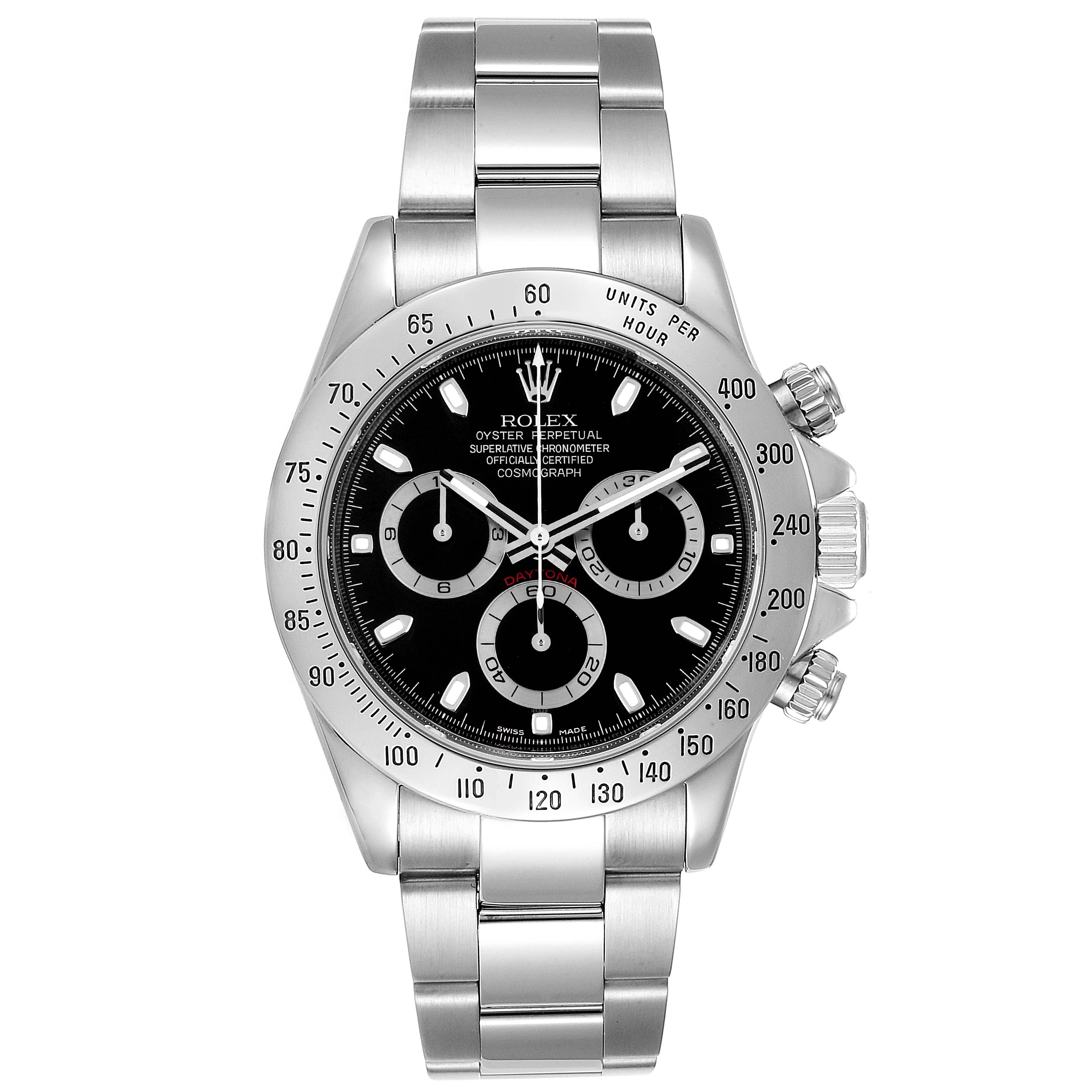 The Rolex Daytona 116520 Men's Stainless Steel Black Dial 116520 Men's Stainless Steel Black Dial watch is shown from a front angle, displaying the dial, bezel, and bracelet.