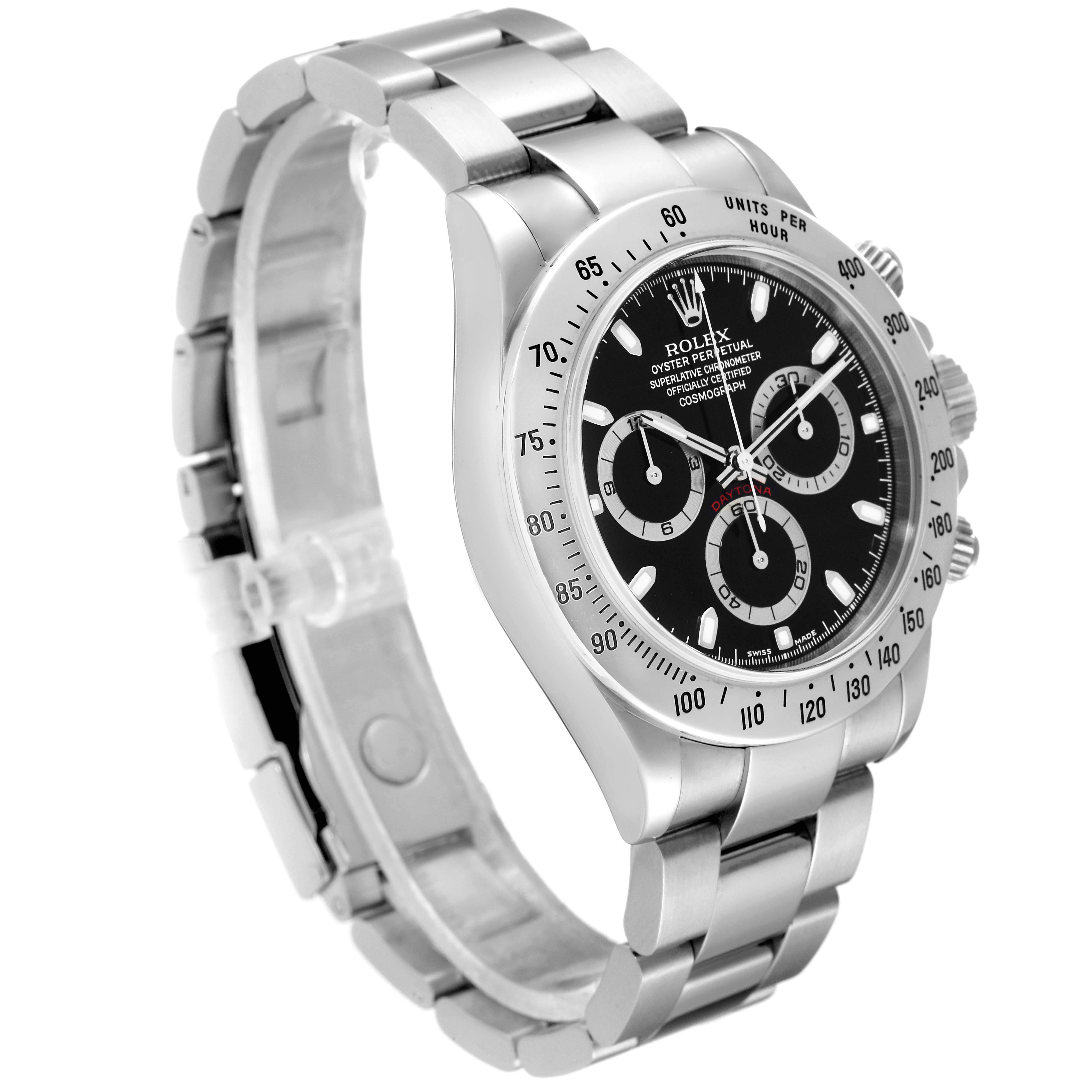 The Rolex Daytona 116520 Men's Stainless Steel Black Dial 116520 Men's Stainless Steel Black Dial watch is shown from an angled side view, displaying its black dial, bezel, and stainless steel bracelet.