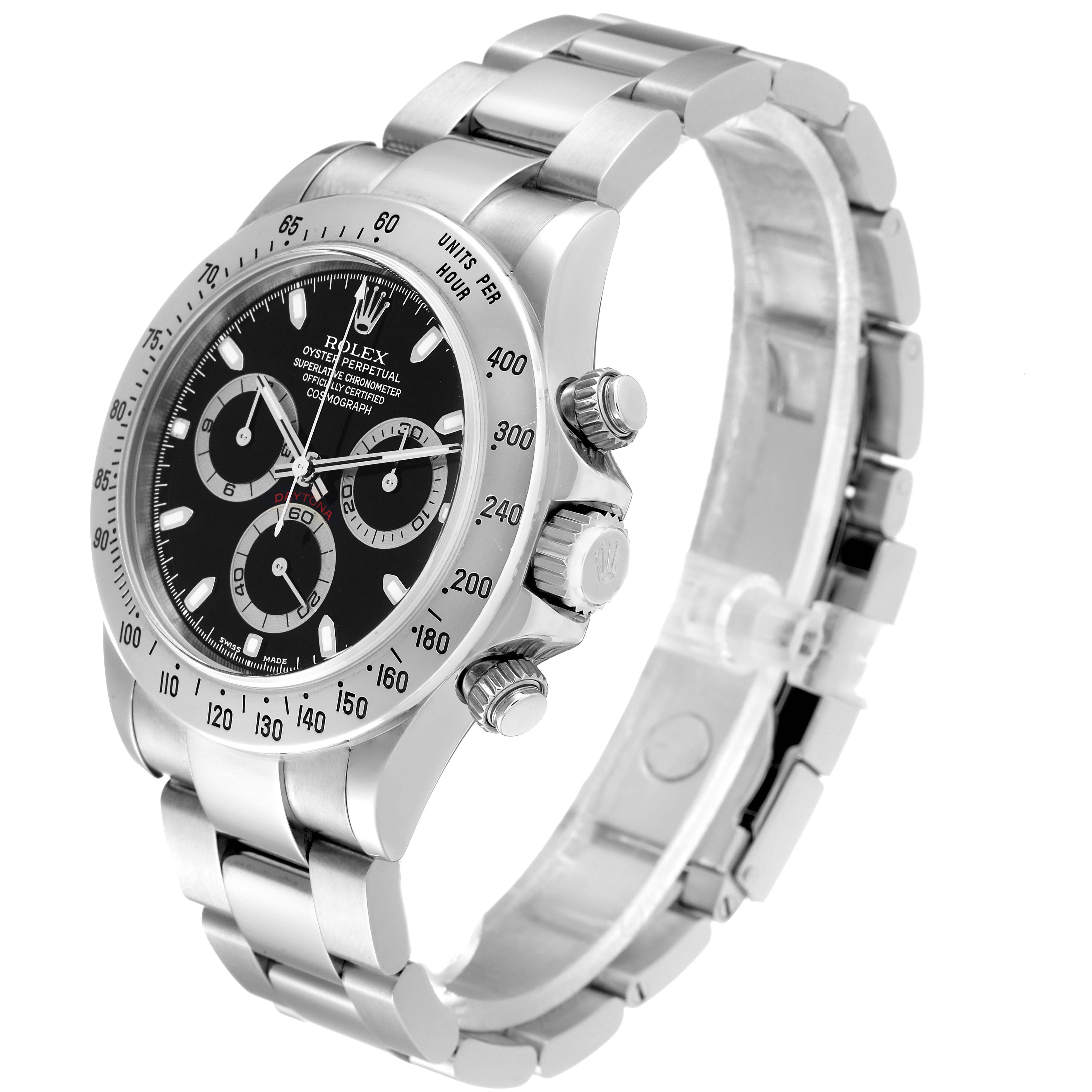The image shows a Rolex Daytona 116520 Men's Stainless Steel Black Dial 116520 Men's Stainless Steel Black Dial watch at a three-quarter angle, highlighting the face, bezel, chronograph dials, and stainless steel bracelet.