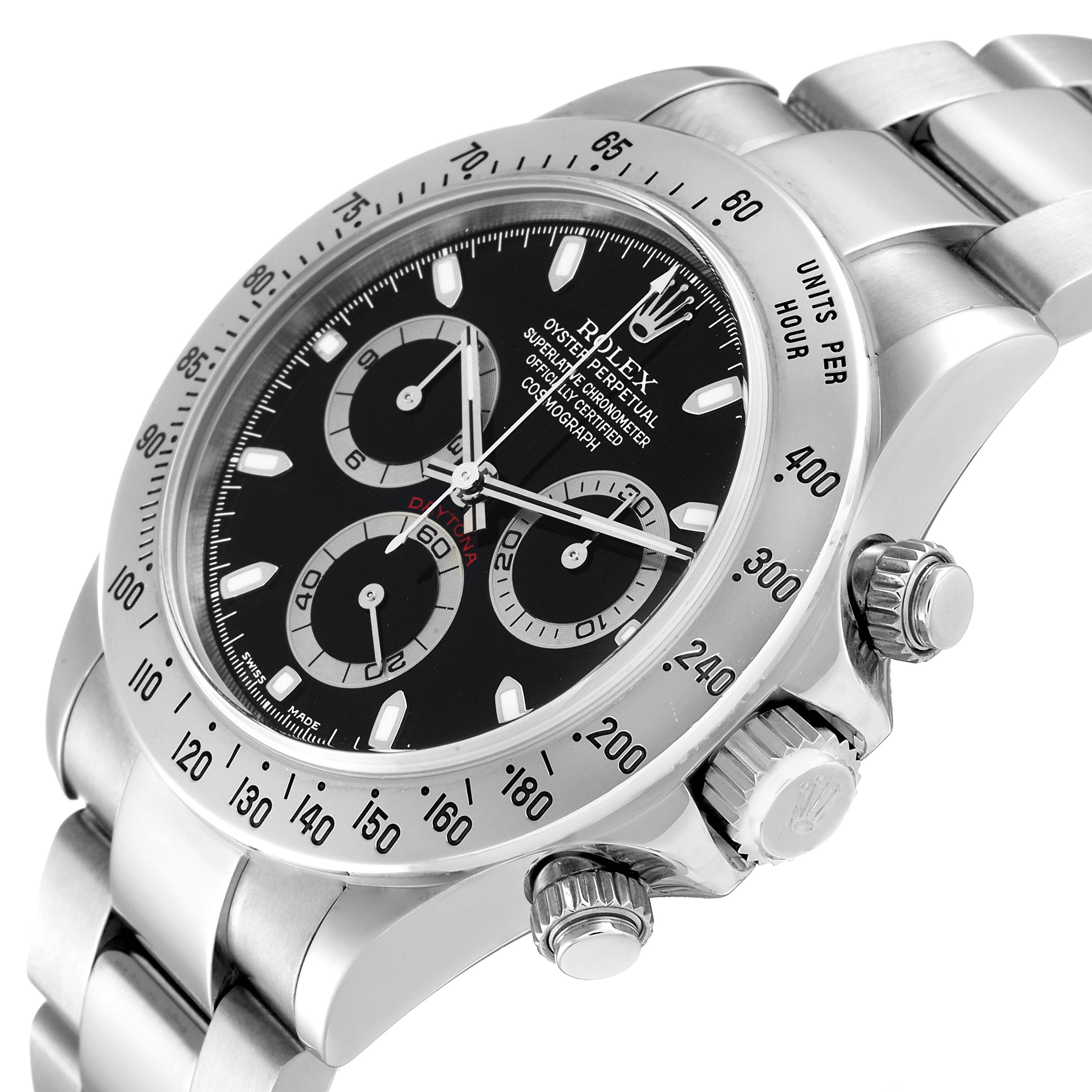 The image displays a close-up of a Rolex Daytona 116520 Men's Stainless Steel Black Dial 116520 Men's Stainless Steel Black Dial watch emphasizing the bezel, dial, and crown from a side angle.