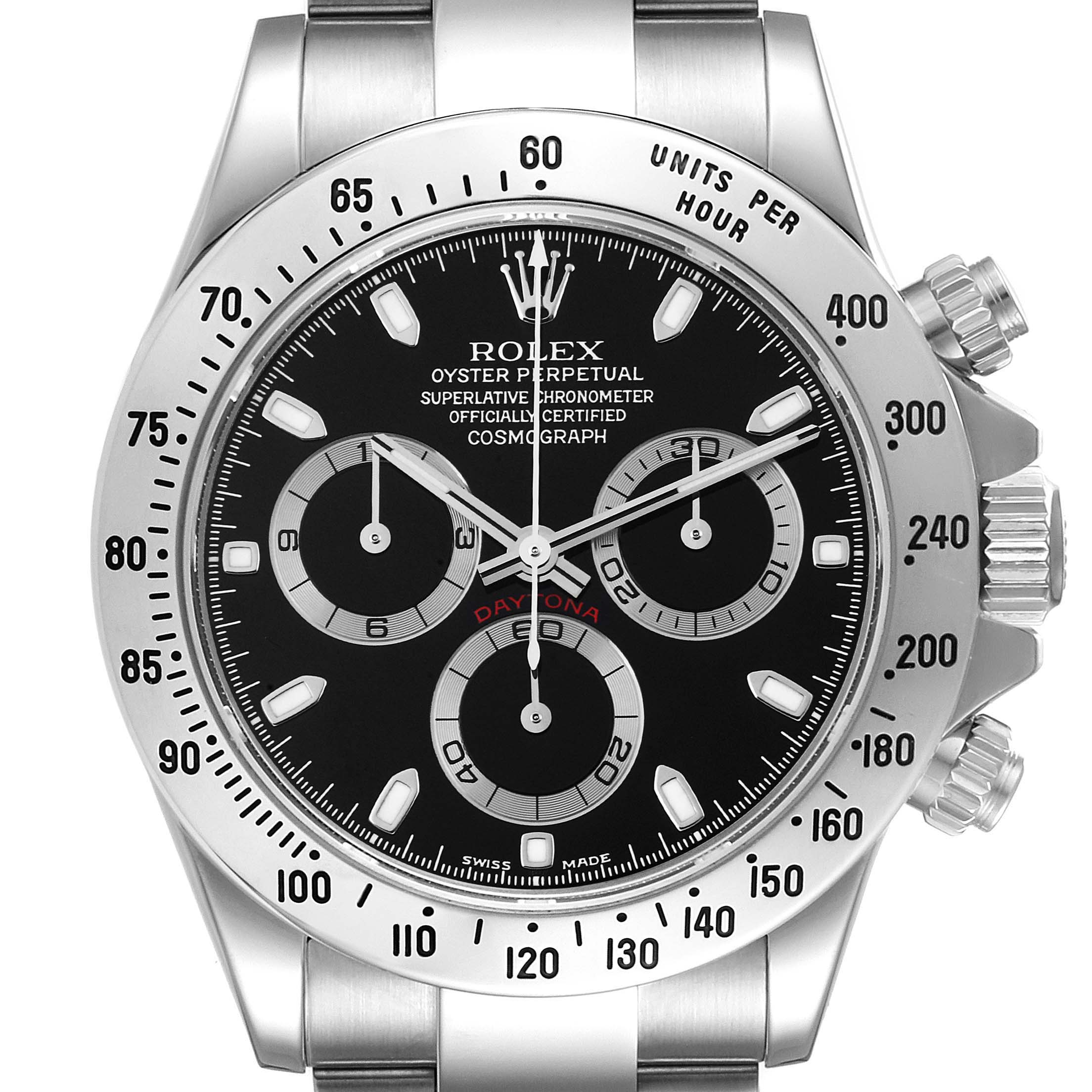 The image shows a front view of a Rolex Daytona 116520 Men's Stainless Steel Black Dial 116520 Men's Stainless Steel Black Dial watch, highlighting the dial, sub-dials, bezel, and crown.
