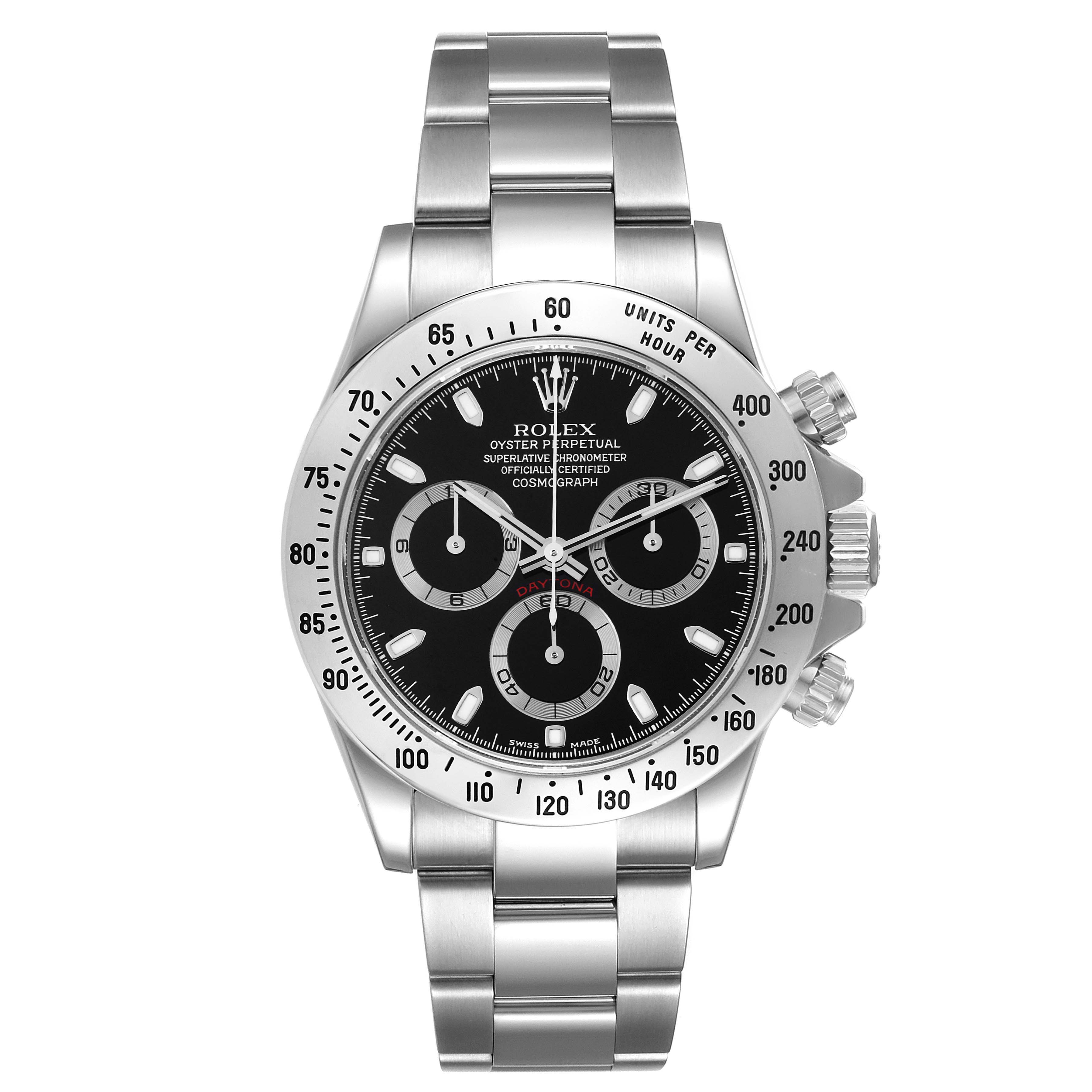 The image shows a front view of the Rolex Daytona 116520 Men's Stainless Steel Black Dial 116520 Men's Stainless Steel Black Dial watch, displaying the face, bezel, crown, pushers, and stainless steel bracelet.