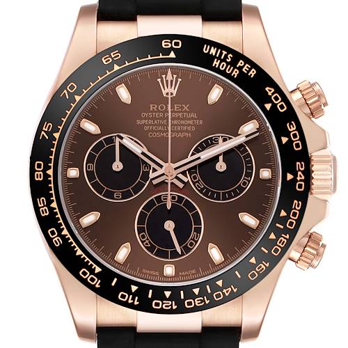 The Rolex Daytona 116515LN Men's Rose Gold Brown Dial watch is shown from the front, highlighting its dial, subdials, bezel, and crown.