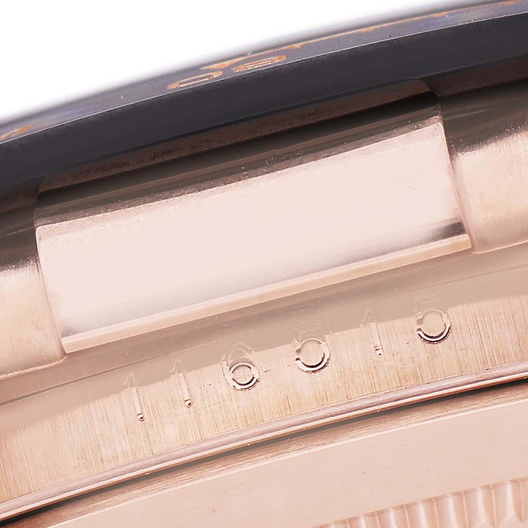 This close-up image of a Rolex Daytona 116515LN Men's Rose Gold Brown Dial model shows the side view with a focus on the engraved reference number.