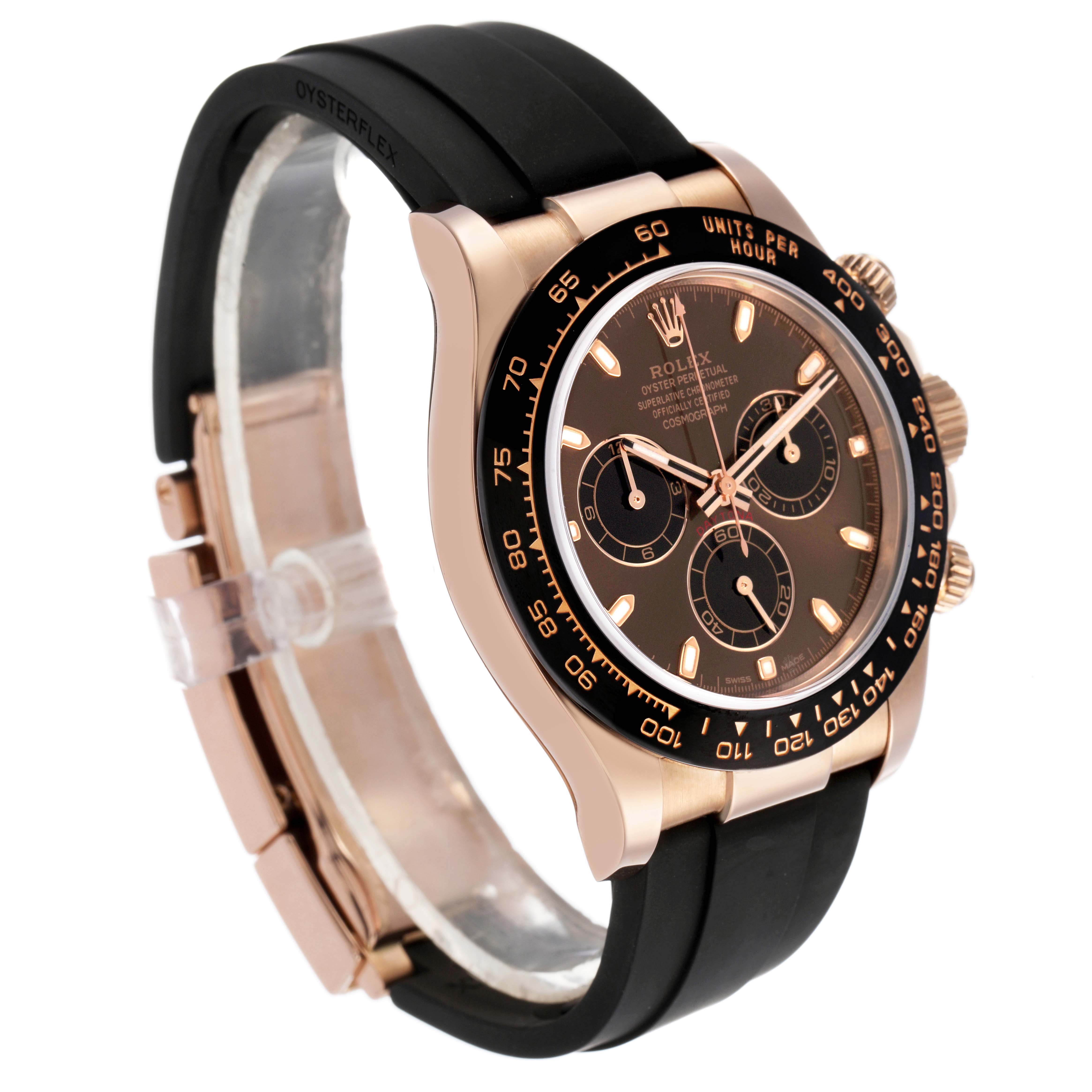 The Rolex Daytona 116515LN Men's Rose Gold Brown Dial watch is shown at an angle highlighting the face, bezel, crown, and strap.