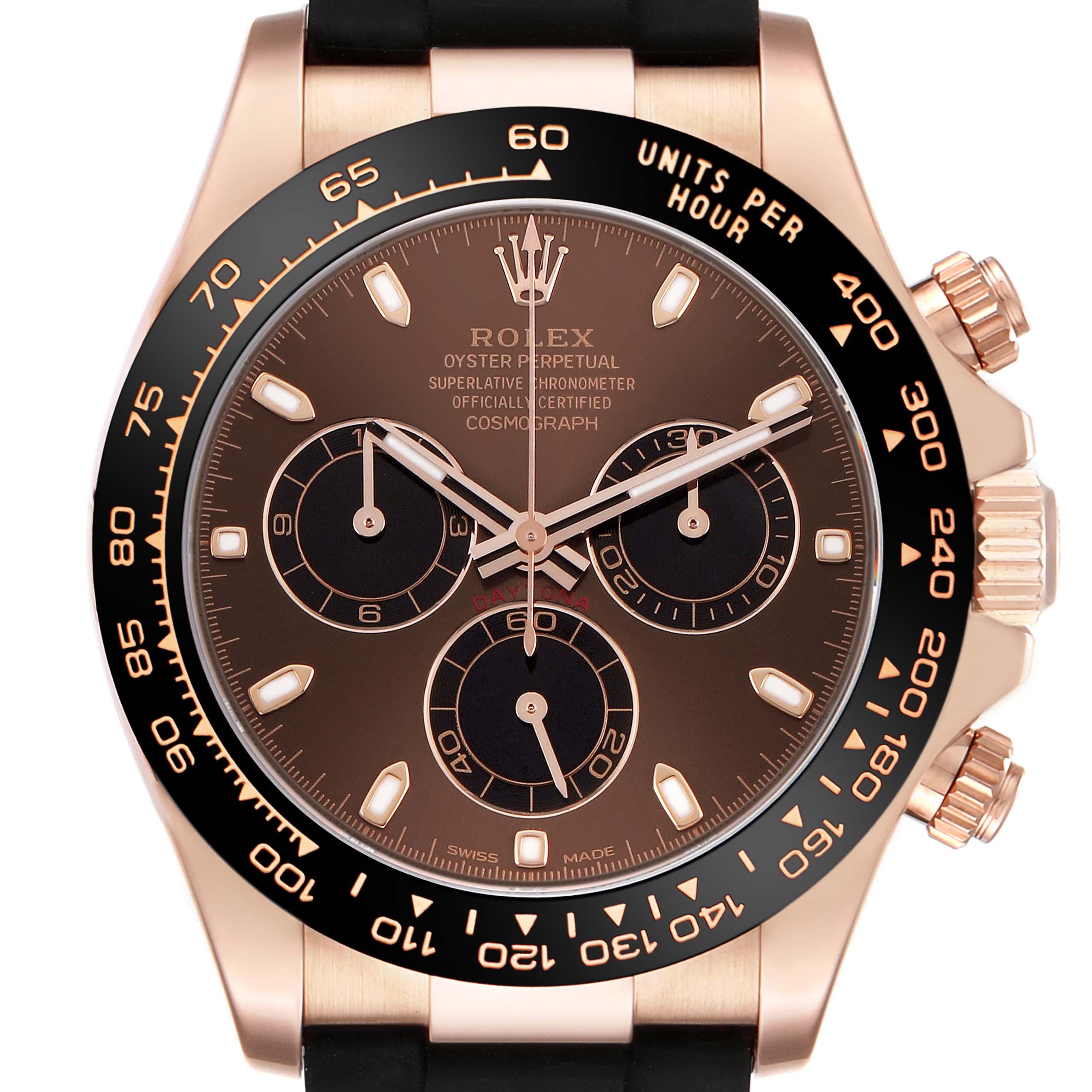 The Rolex Daytona 116515LN Men's Rose Gold Brown Dial watch is shown from the front, displaying the dial, subdials, bezel with tachymetric scale, and crown.