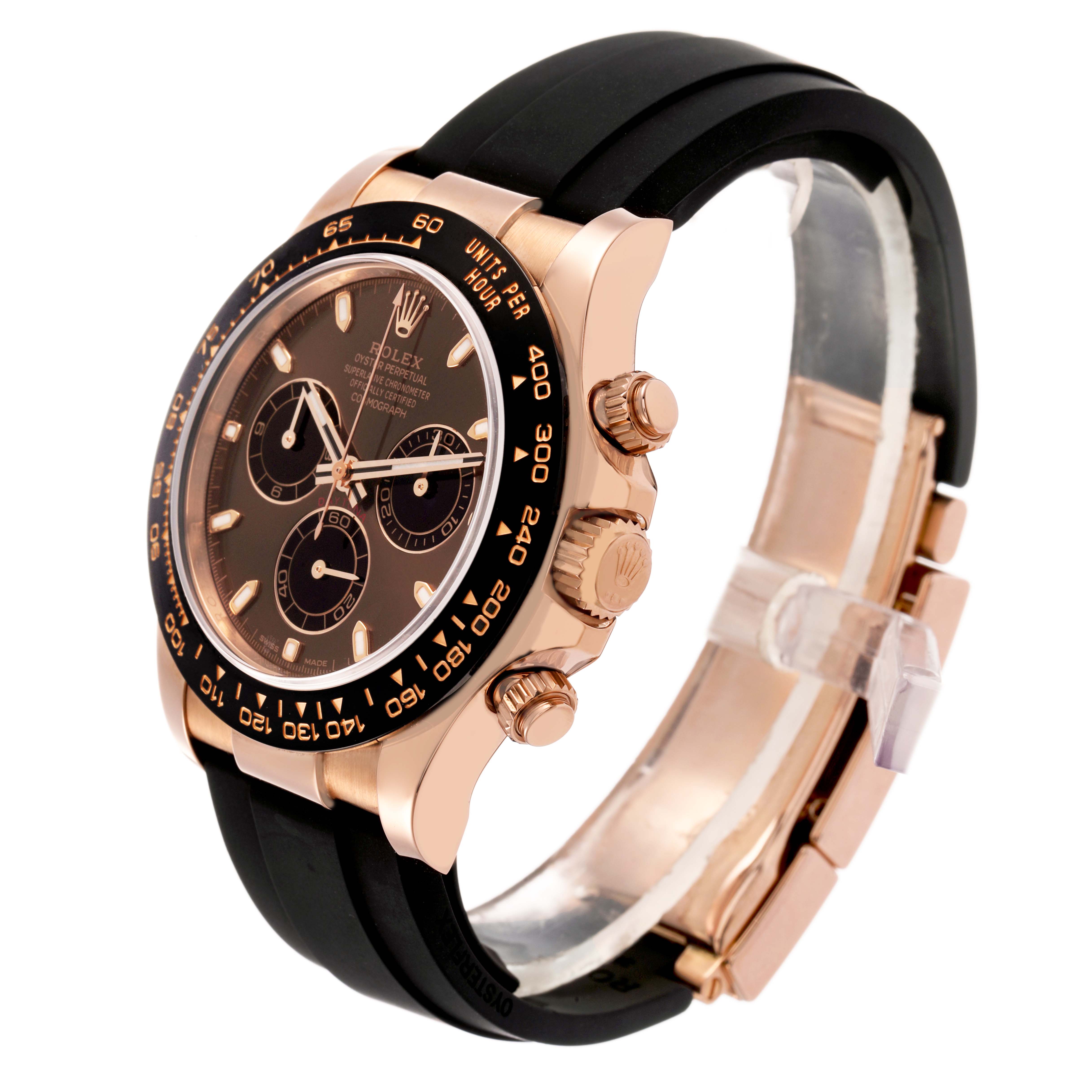 The Rolex Daytona 116515LN Men's Rose Gold Brown Dial watch is shown at a slight side angle, highlighting the bezel, case, pushers, and part of the strap.