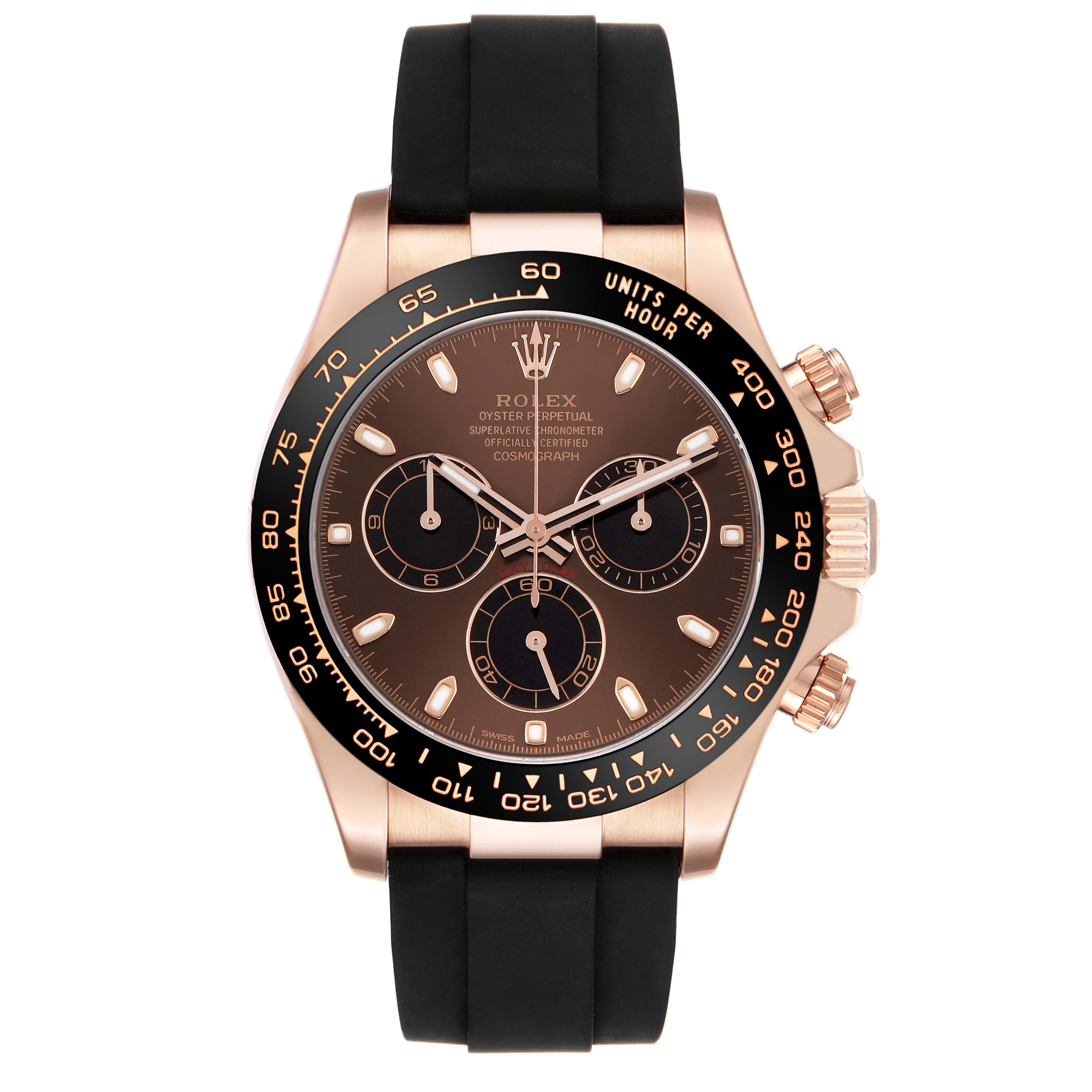 The Rolex Daytona 116515LN Men's Rose Gold Brown Dial watch is shown from the front, highlighting the dial, bezel, and pushers.
