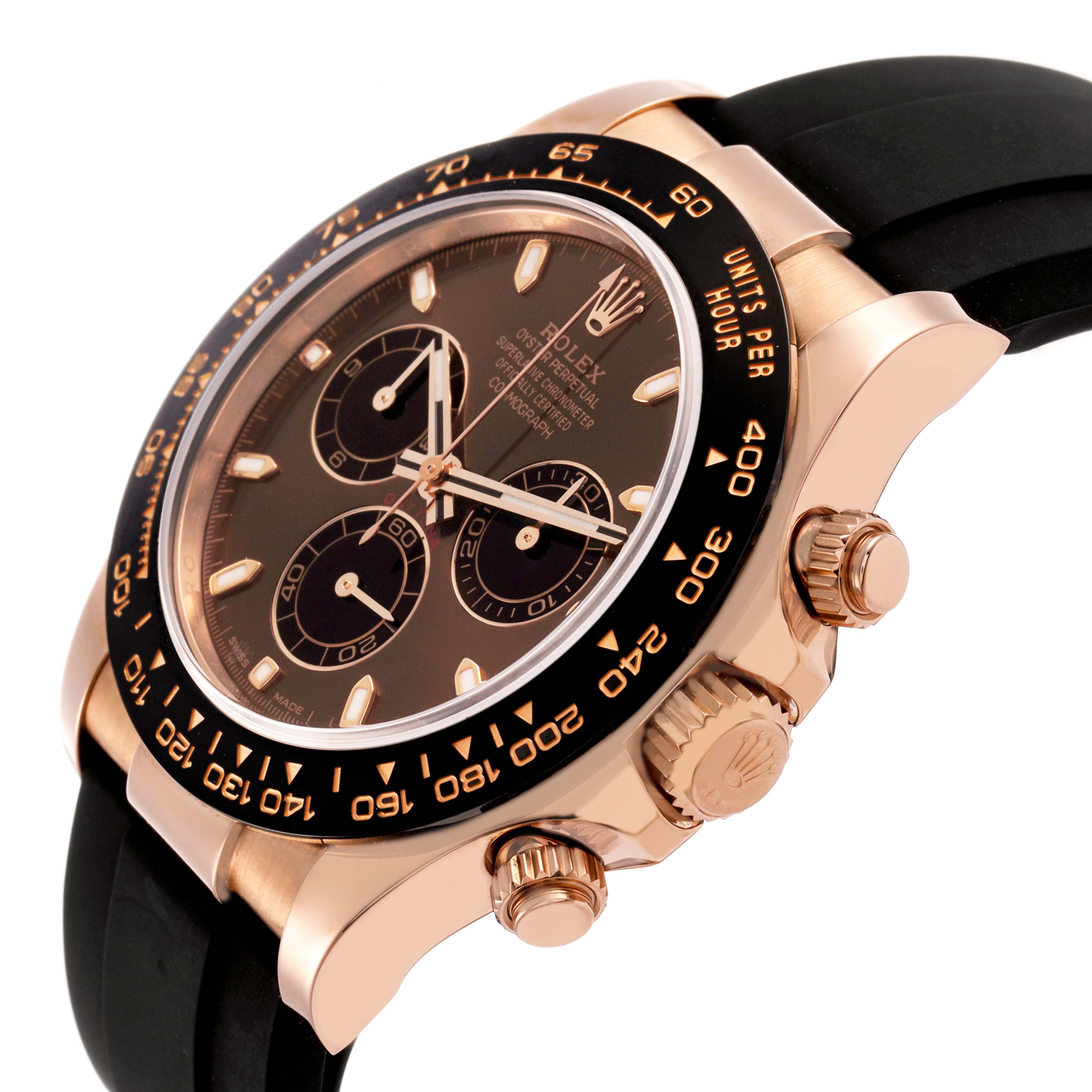 The Rolex Daytona 116515LN Men's Rose Gold Brown Dial watch is shown at a three-quarter angle, highlighting the bezel, crown, and dial features.
