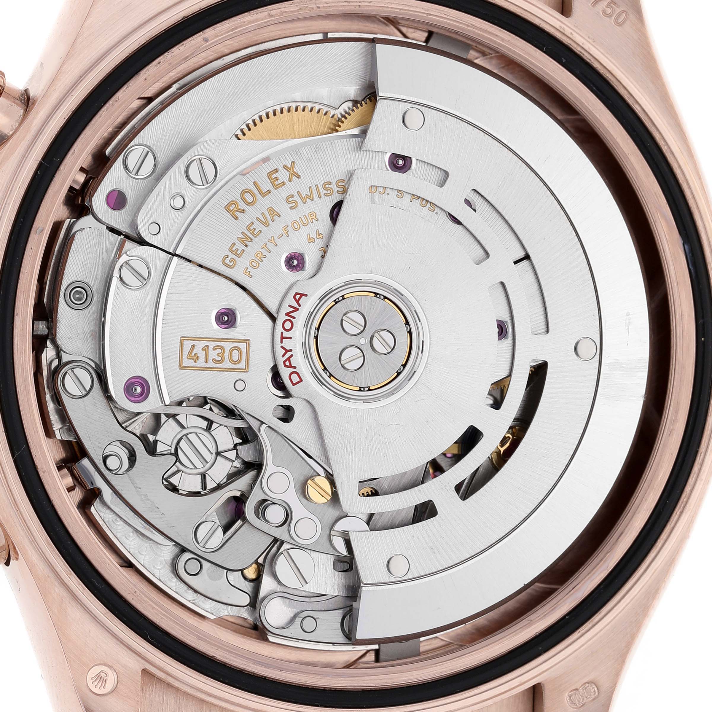 The image shows the movement from the back of a Rolex Daytona 116515LN Men's Rose Gold Brown Dial, highlighting the intricate inner mechanism.