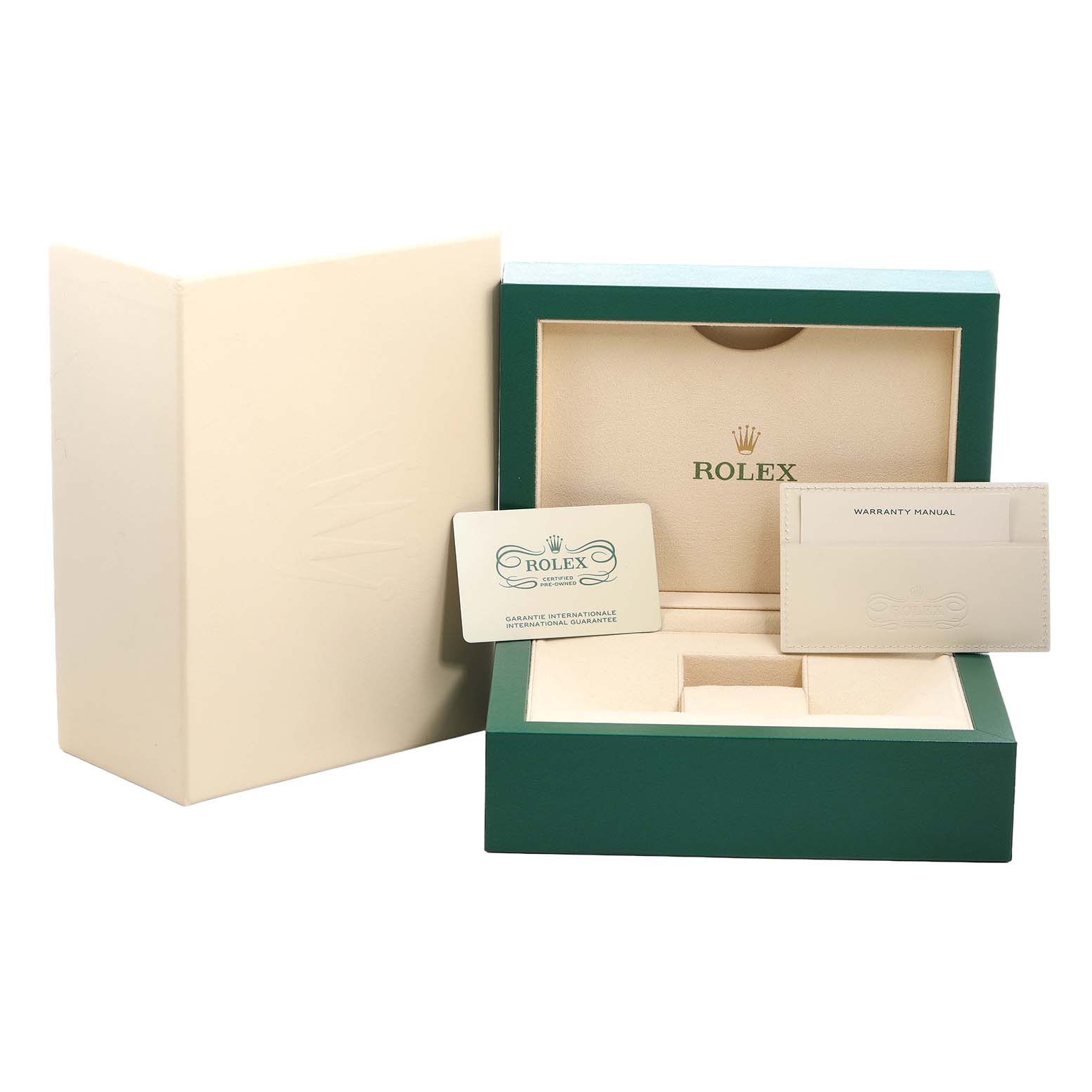 The image shows the packaging and documents for a Rolex Daytona 116515LN Men's Rose Gold Brown Dial, including the box, warranty card, and manual.