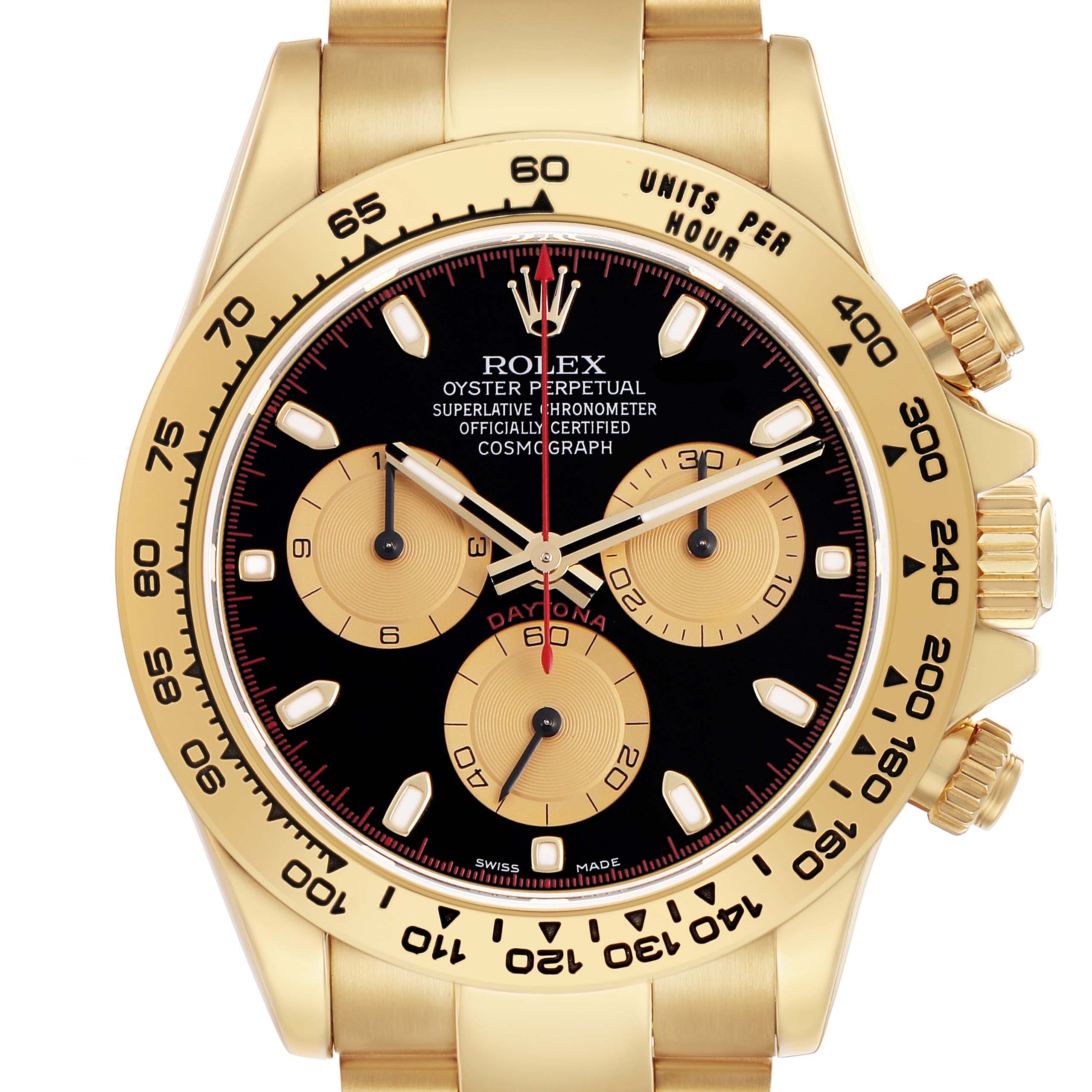 The Rolex Daytona 116508 Men's Yellow Gold Black Dial model is shown from a front angle, highlighting its gold bezel, black dial, subdials, and crown.