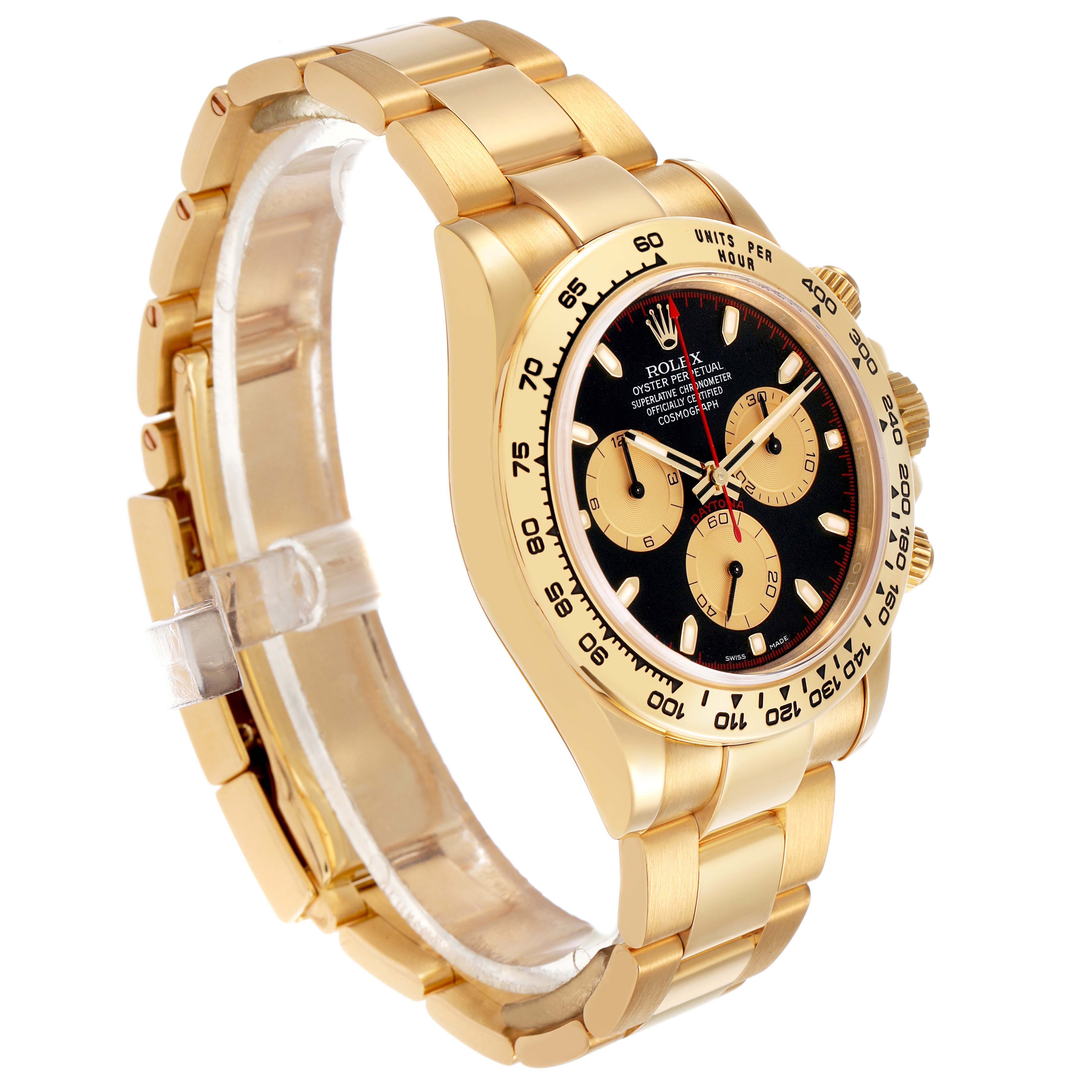 The Rolex Daytona 116508 Men's Yellow Gold Black Dial watch is shown from a side angle, highlighting the gold case, bracelet, and chronograph dials.