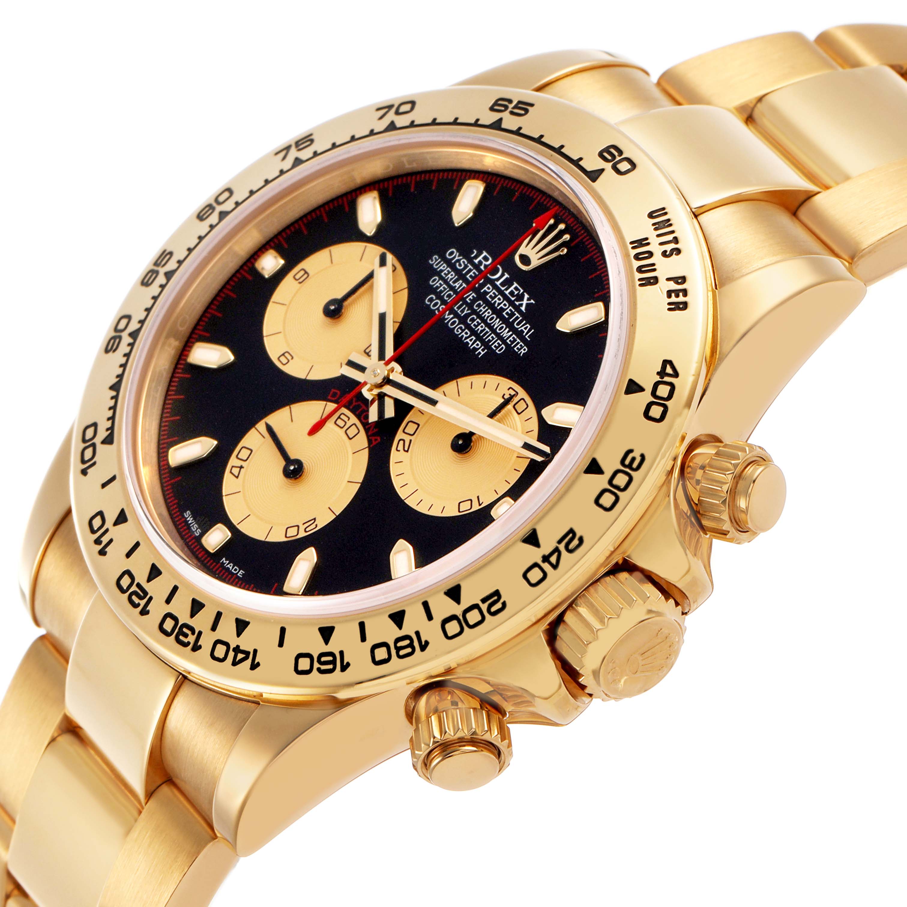 The Rolex Daytona 116508 Men's Yellow Gold Black Dial watch is shown at an angle highlighting the dial, bezel, and crown with a gold finish.