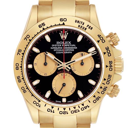 The Rolex Daytona 116508 Men's Yellow Gold Black Dial watch is shown from the front, highlighting its gold bezel, black dial, and chronograph sub-dials.