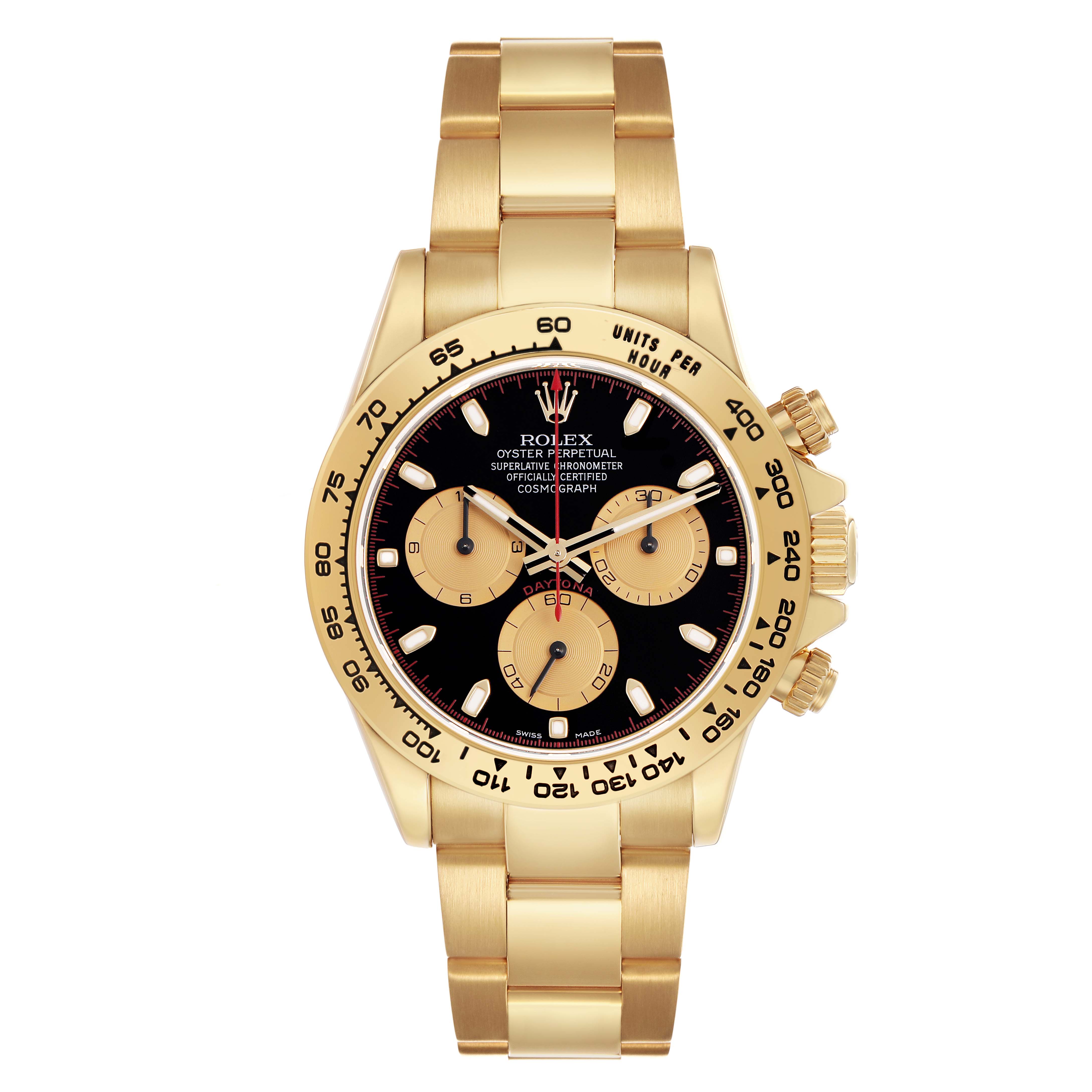 The Rolex Daytona 116508 Men's Yellow Gold Black Dial watch is shown from a top-down angle, displaying the bezel, black dial, sub-dials, and bracelet.