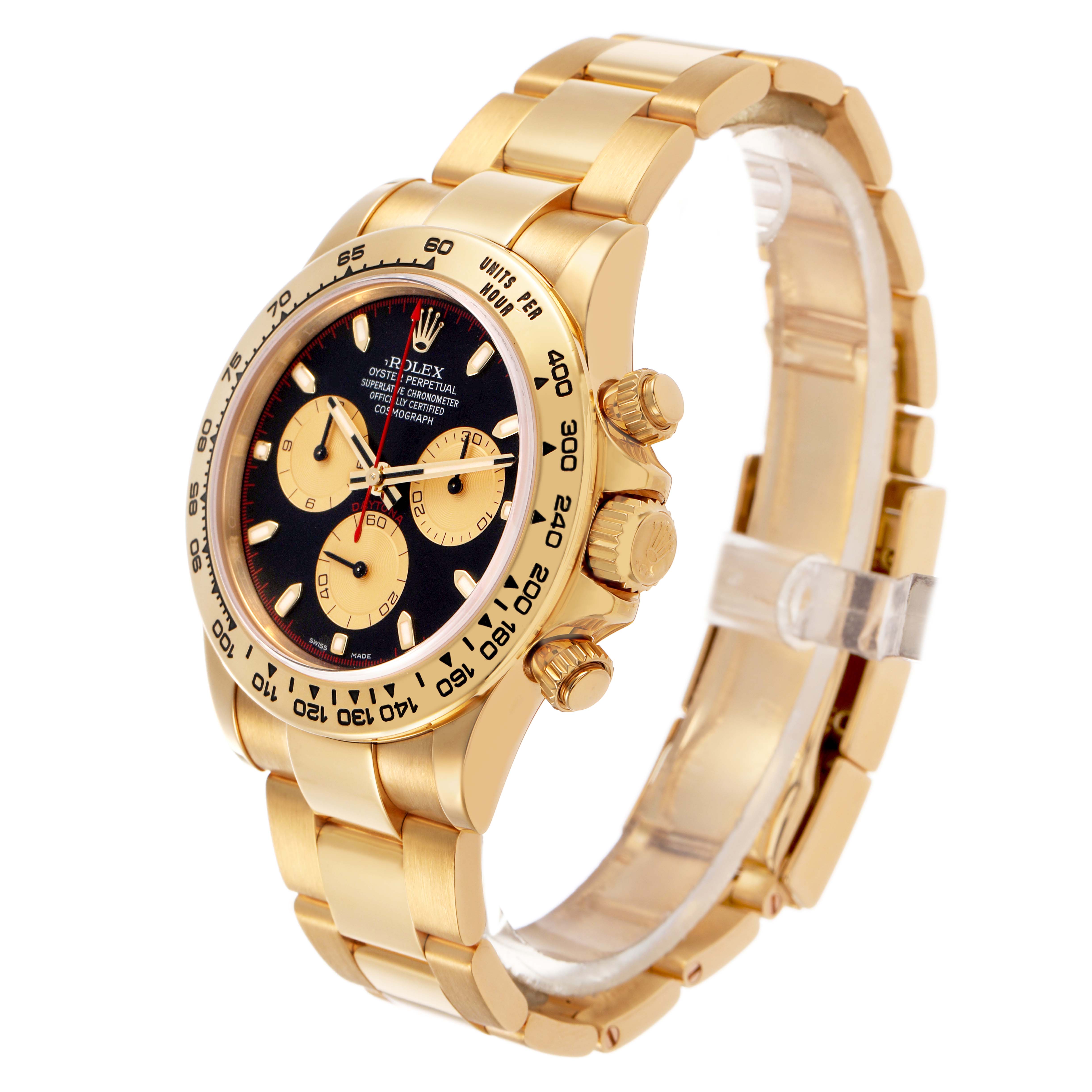 The Rolex Daytona 116508 Men's Yellow Gold Black Dial watch is shown at an oblique angle, highlighting the dial, bezel, crown, pushers, and bracelet.