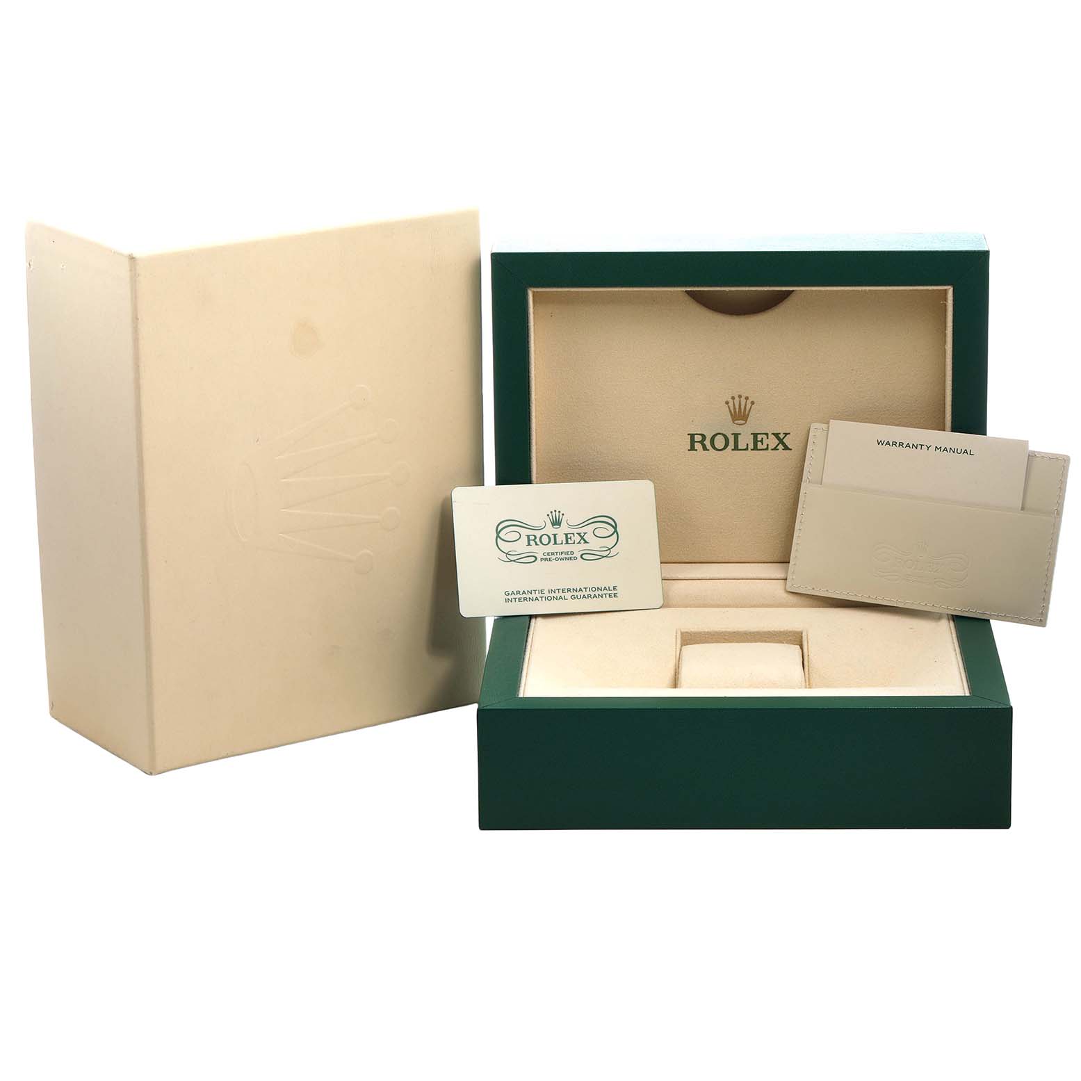 The image shows a Rolex Daytona 116508 Men's Yellow Gold Black Dial watch box, warranty card, manual, and outer packaging.