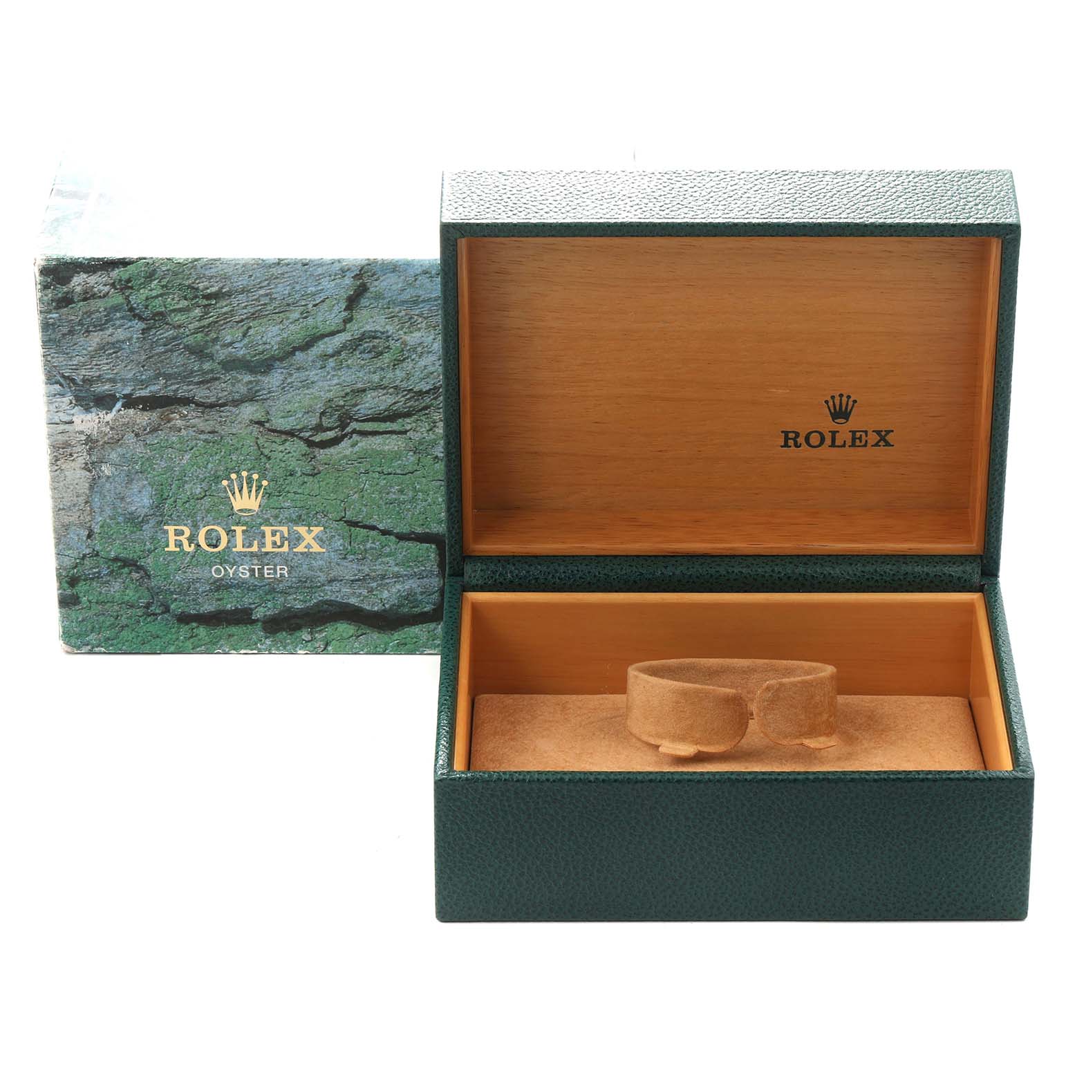 The image shows a Rolex Daytona model 116520 watch box from a top angle, including the green outer box and the inner wooden watch holder.