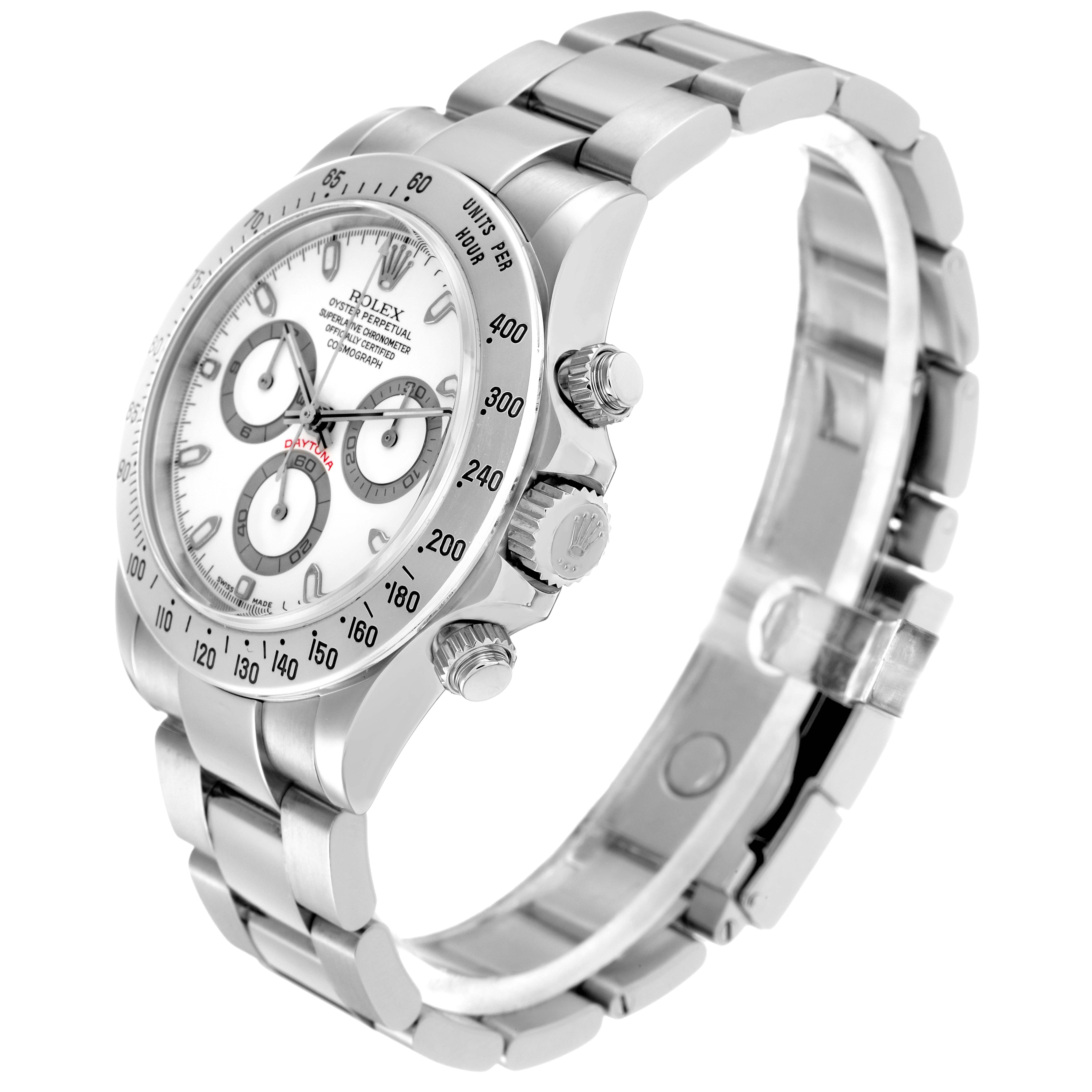 The Rolex Daytona model 116520 is shown at a three-quarter angle, highlighting the watch face, bezel, side pushers, and part of the bracelet.