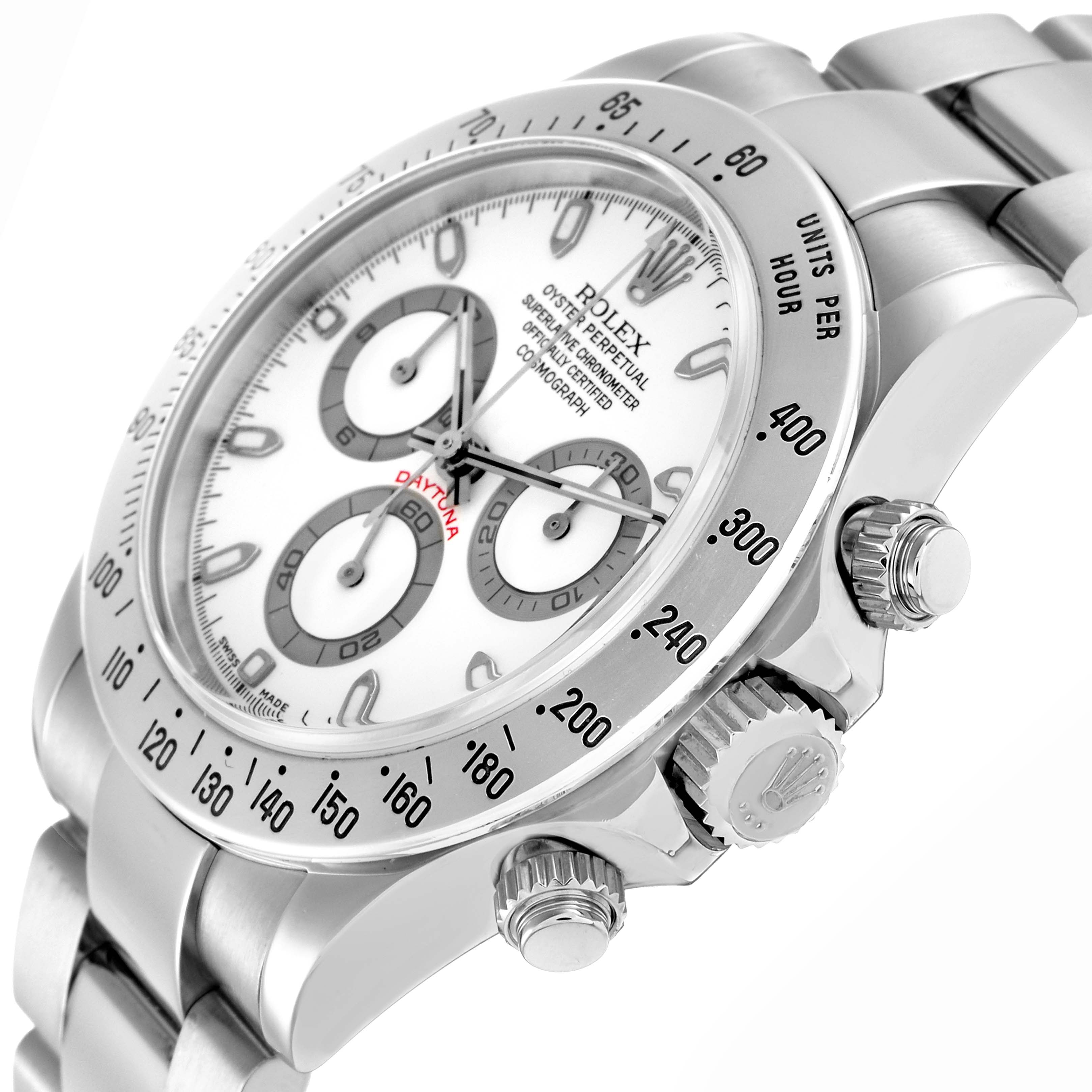 The image shows a Rolex Daytona model 116520, angled to highlight the face, bezel, crown, and subdials, with focus on its stainless steel elements.