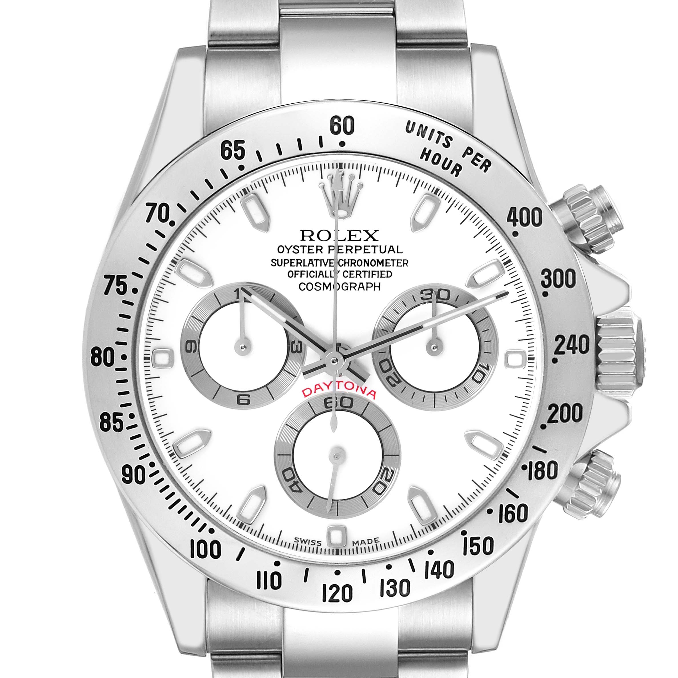 The image shows a Rolex Daytona model 116520 watch from a frontal angle, highlighting the dial, bezel, subdials, and crown.