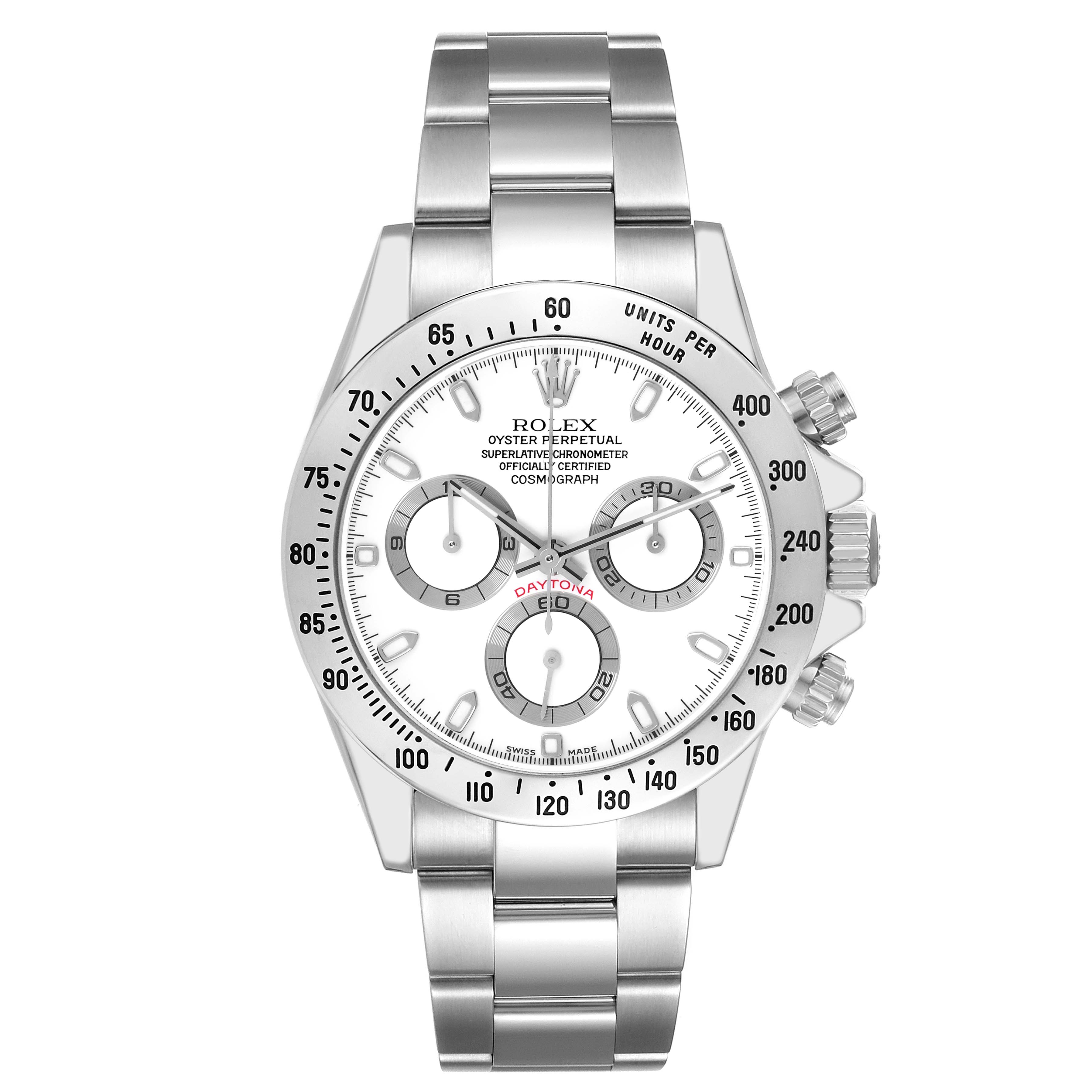 The Rolex Daytona model 116520 is shown from a front angle, displaying its bezel, dial, three sub-dials, and part of the bracelet.