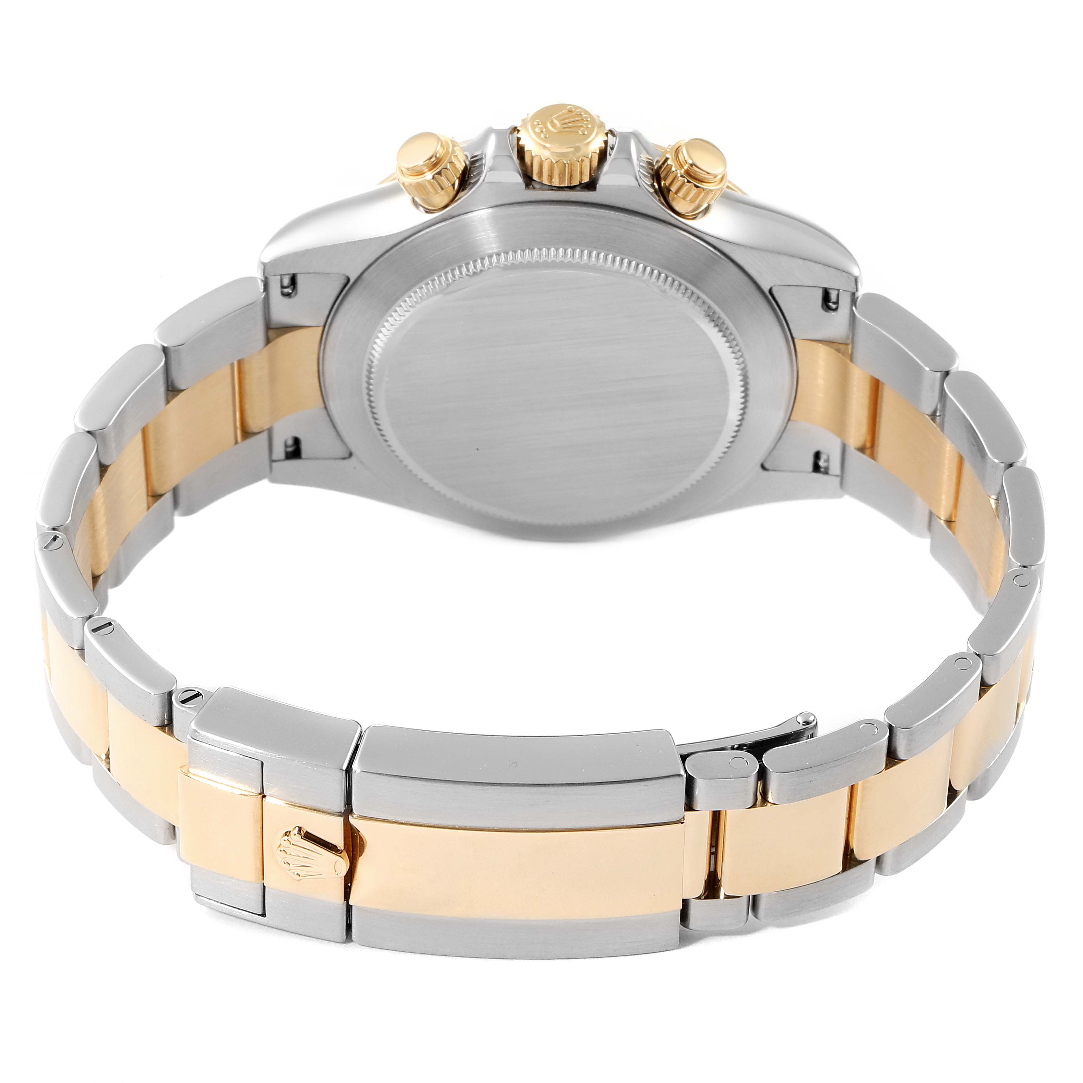 This image shows the back view of the Rolex Daytona 116523 Men's Steel and Gold (two tone) Black Dial 116523 Men's Steel and Gold (two tone) Black Dial watch, highlighting the case back, bracelet, clasp, and crown.