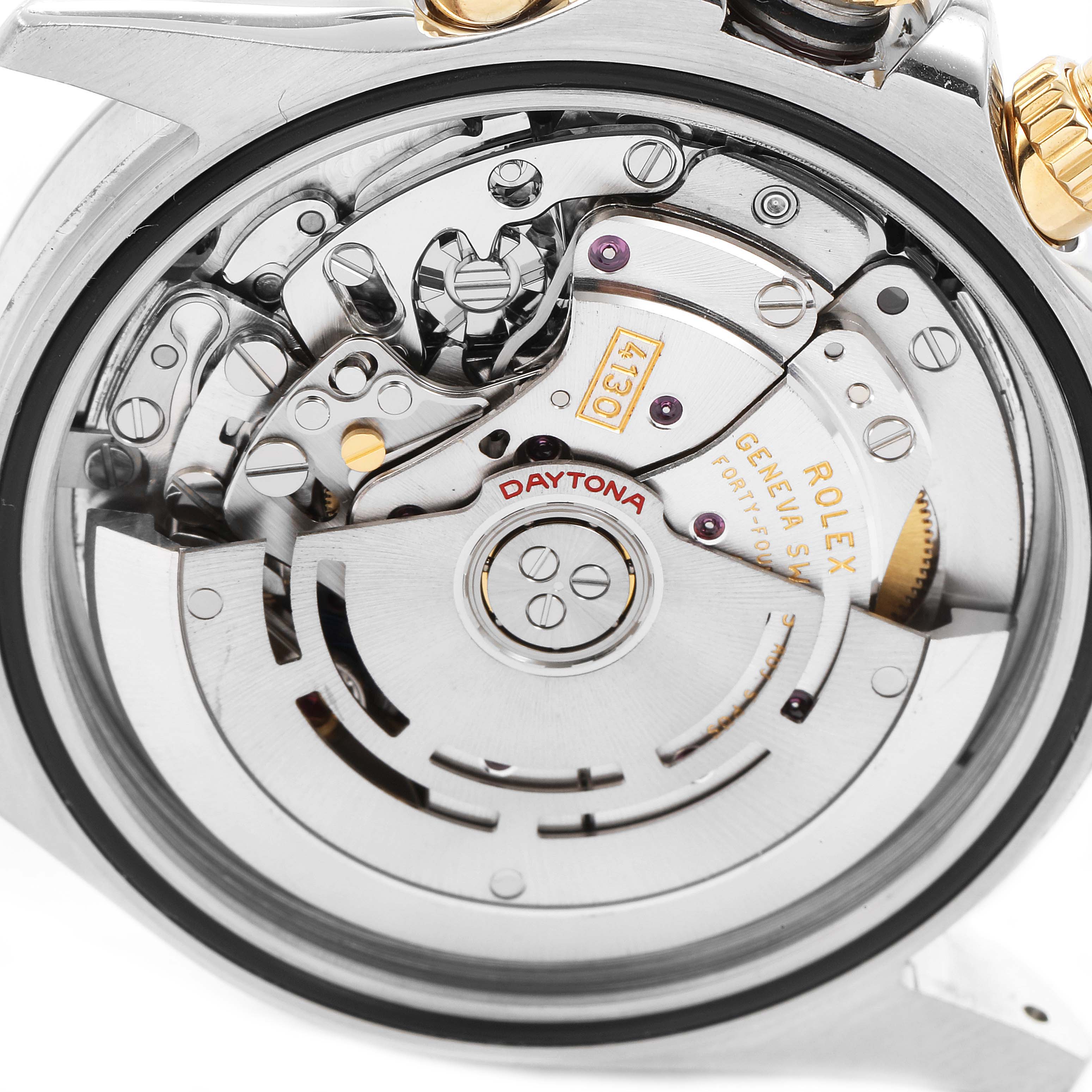 This image shows the back view of the Rolex Daytona 116523 Men's Steel and Gold (two tone) Black Dial 116523 Men's Steel and Gold (two tone) Black Dial, highlighting its intricate movement and mechanism.