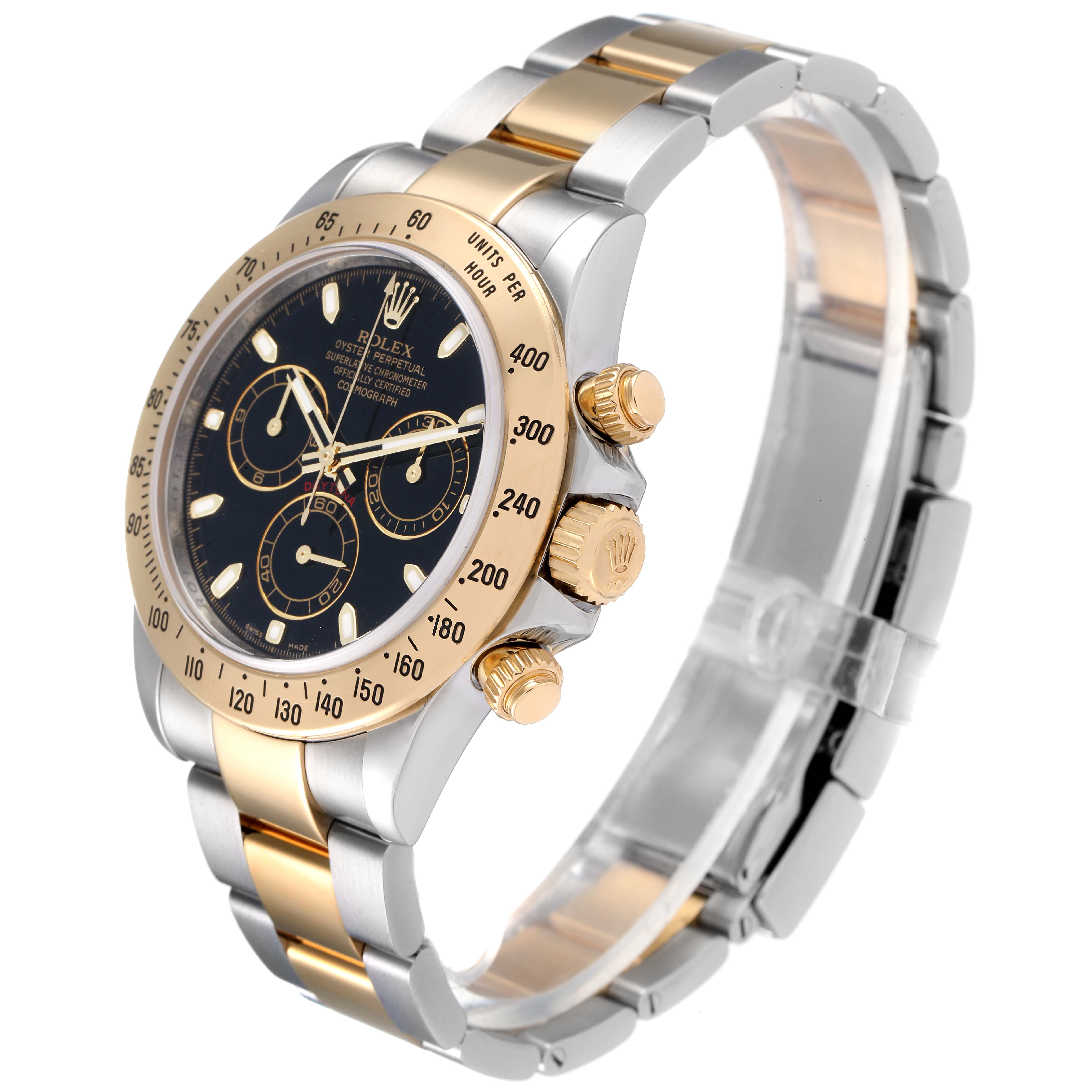 The image shows a Rolex Daytona 116523 Men's Steel and Gold (two tone) Black Dial 116523 Men's Steel and Gold (two tone) Black Dial watch at a three-quarter angle, displaying its face, bezel, crown, and bracelet.