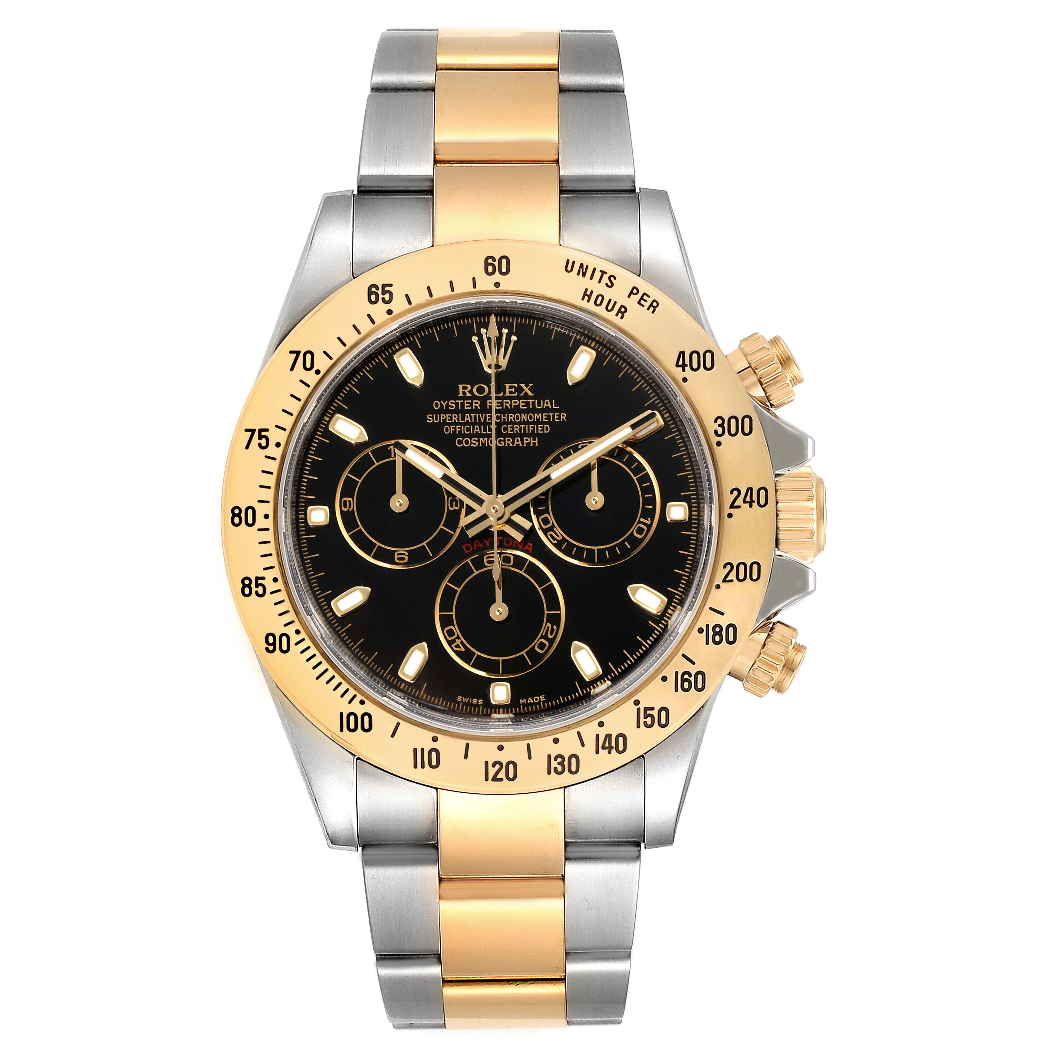 The image shows a front view of a Rolex Daytona 116523 Men's Steel and Gold (two tone) Black Dial 116523 Men's Steel and Gold (two tone) Black Dial watch, highlighting its black dial, gold bezel, and two-tone bracelet.