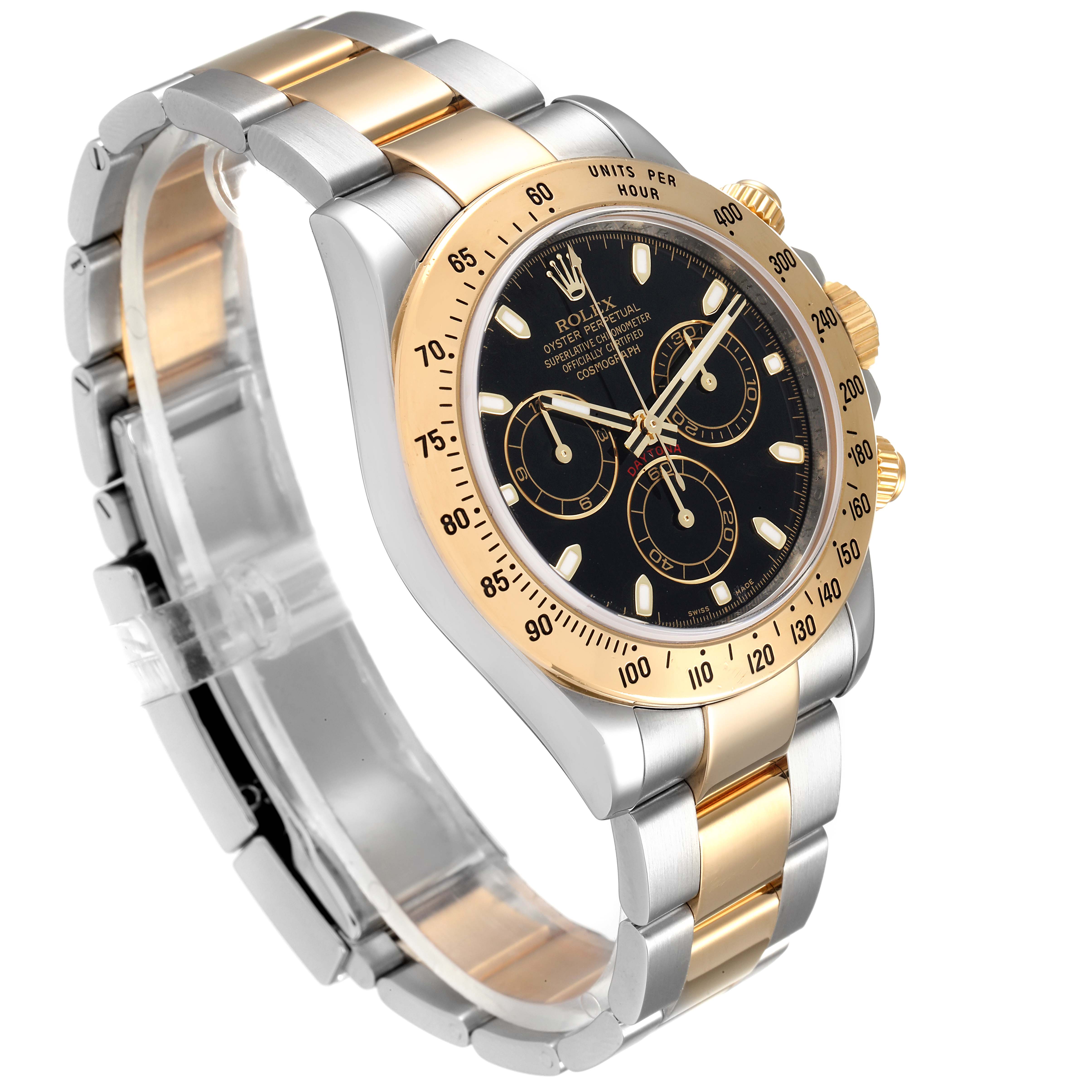 The image shows a Rolex Daytona 116523 Men's Steel and Gold (two tone) Black Dial 116523 Men's Steel and Gold (two tone) Black Dial watch from a side angle, highlighting its black dial, gold bezel, and two-tone band.