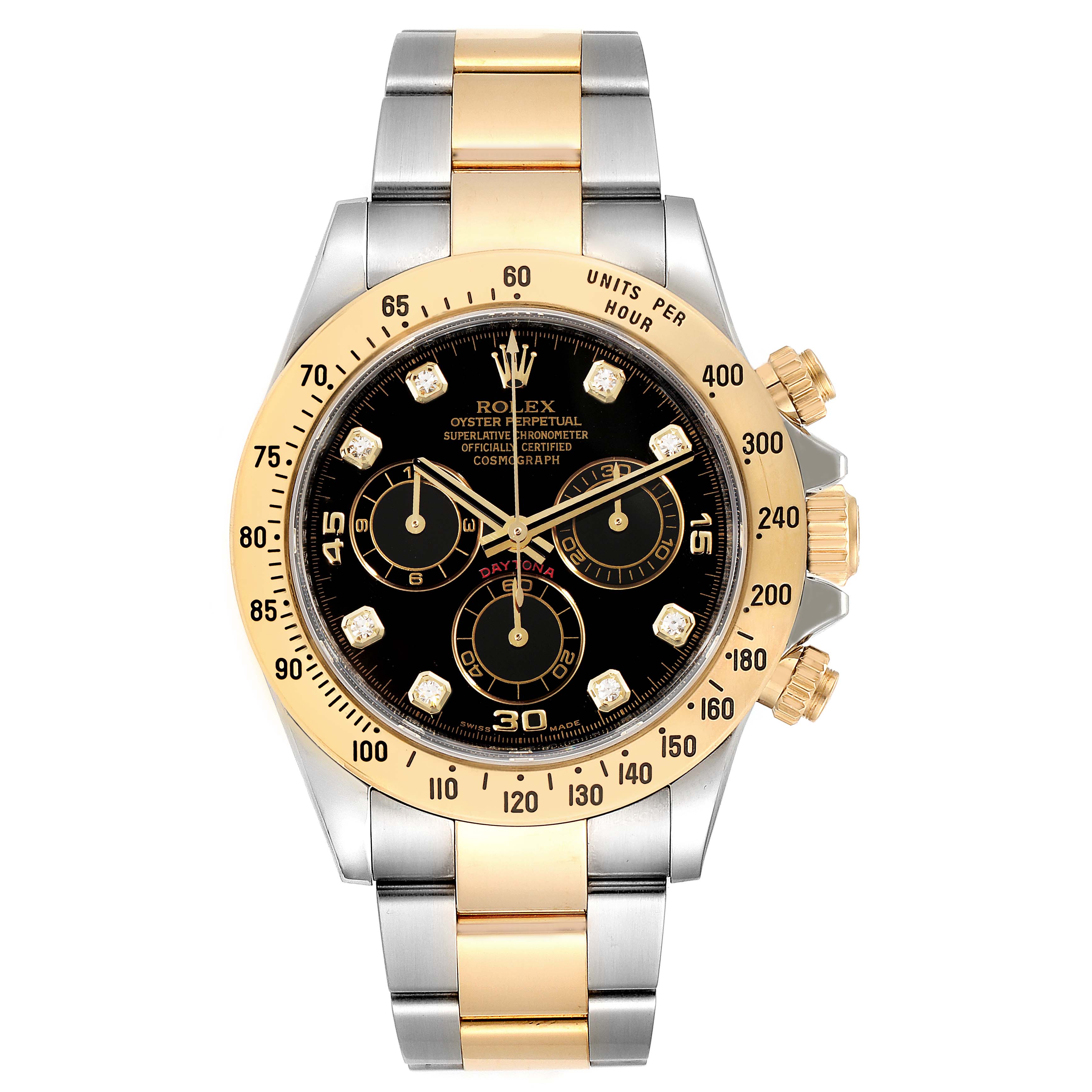 This image shows a Rolex Daytona 116523 Men's Steel and Gold (two tone) Black Dial 116523 Men's Steel and Gold (two tone) Black Dial watch from a front angle, highlighting the dial, bezel, and bracelet.