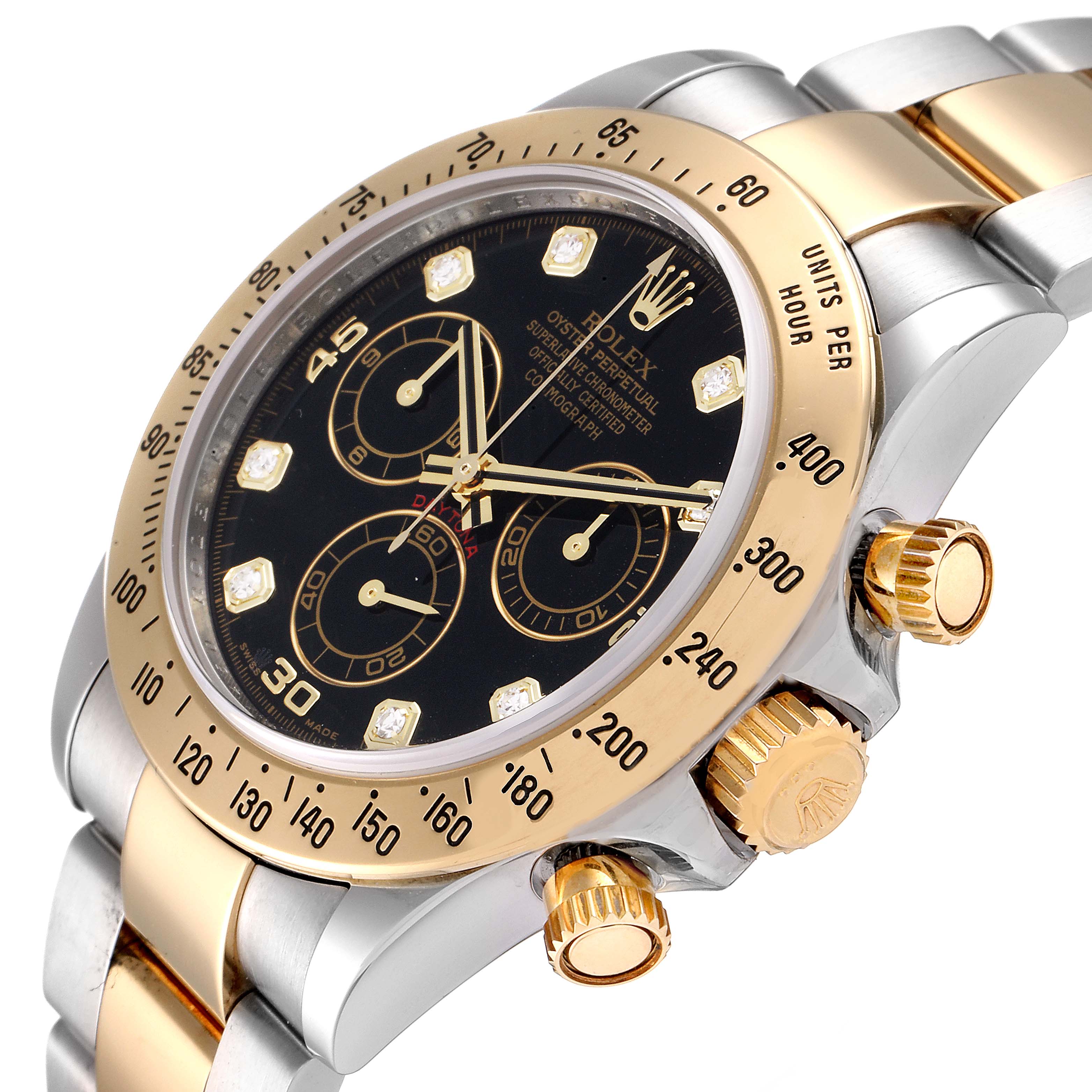 The image shows a close-up angle of the Rolex Daytona 116523 Men's Steel and Gold (two tone) Black Dial 116523 Men's Steel and Gold (two tone) Black Dial watch, highlighting the bezel, dial, and crown.
