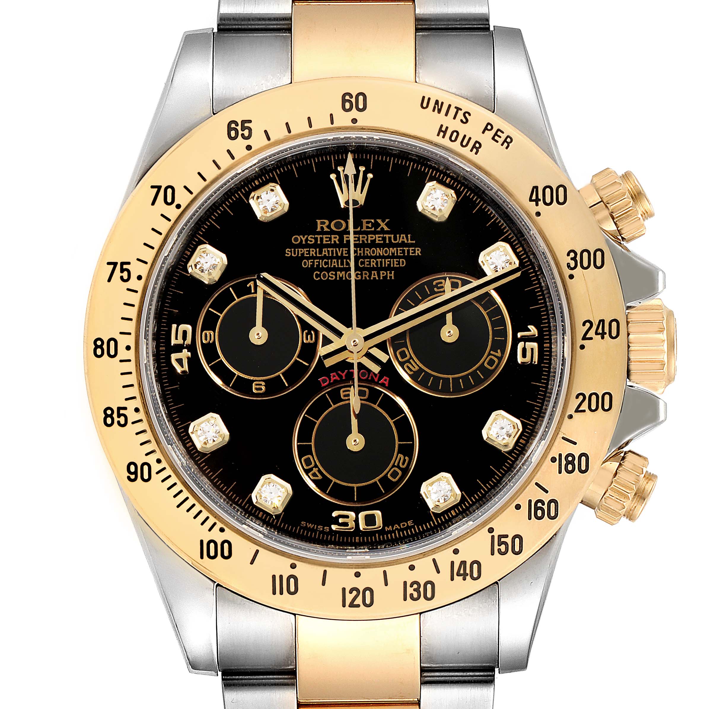 This is a Rolex Daytona 116523 Men's Steel and Gold (two tone) Black Dial 116523 Men's Steel and Gold (two tone) Black Dial watch shown from the front, displaying its dial, bezel, and part of the bracelet.