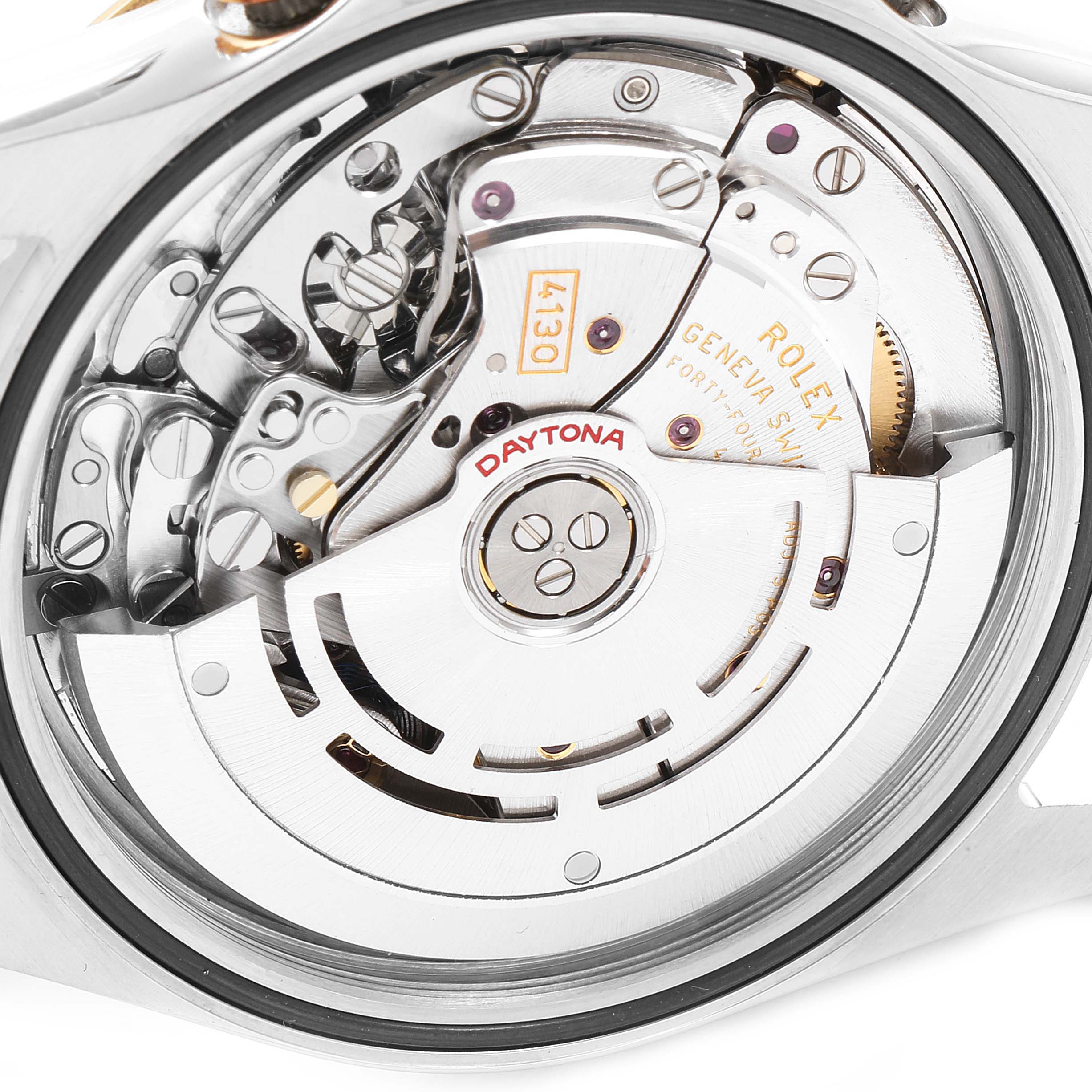 This image shows the inner mechanism of a Rolex Daytona 116523 Men's Steel and Gold (two tone) Black Dial 116523 Men's Steel and Gold (two tone) Black Dial watch, highlighting its intricate components and craftsmanship.