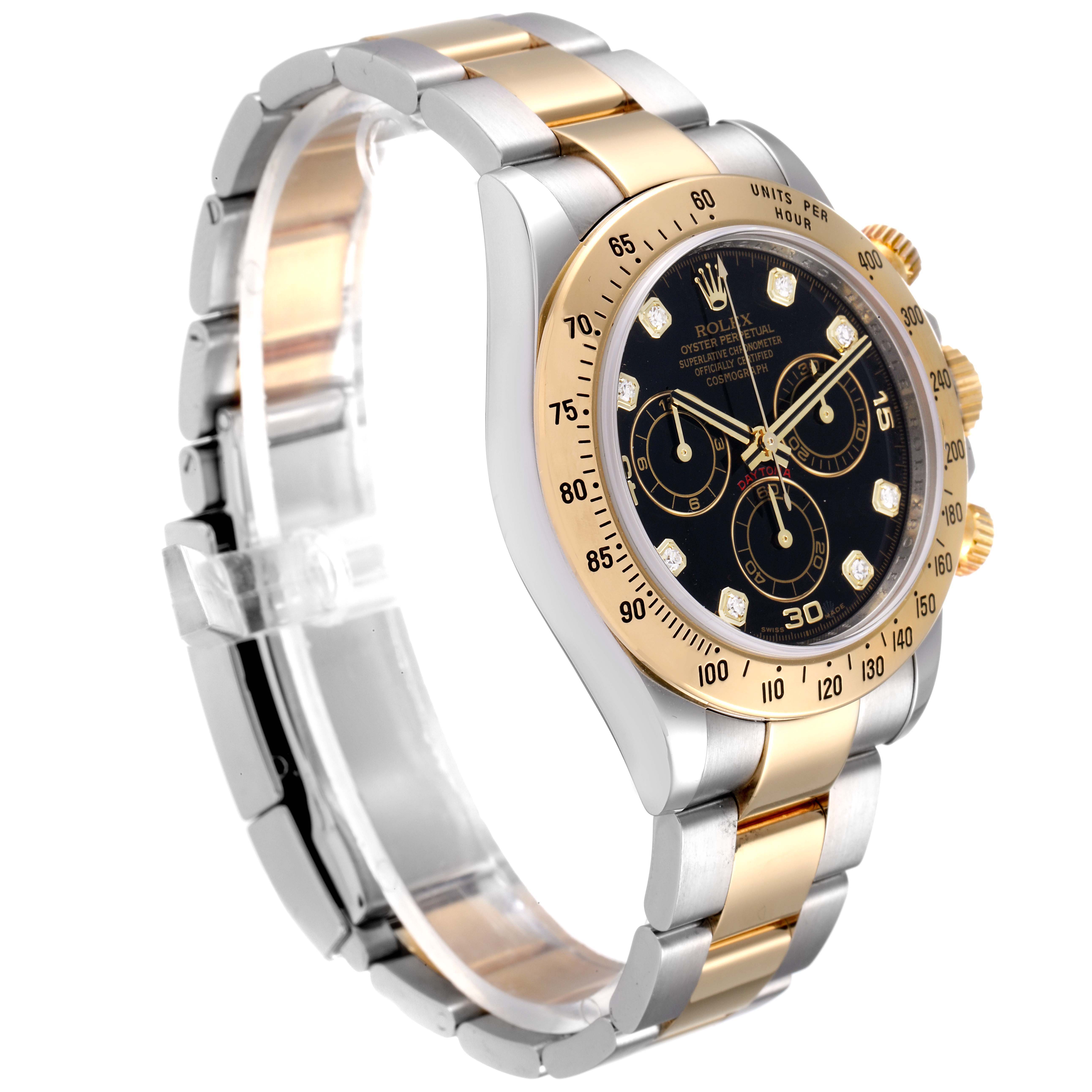 The Rolex Daytona 116523 Men's Steel and Gold (two tone) Black Dial 116523 Men's Steel and Gold (two tone) Black Dial watch is shown at a side angle, highlighting the bracelet, bezel, and chronograph dials.