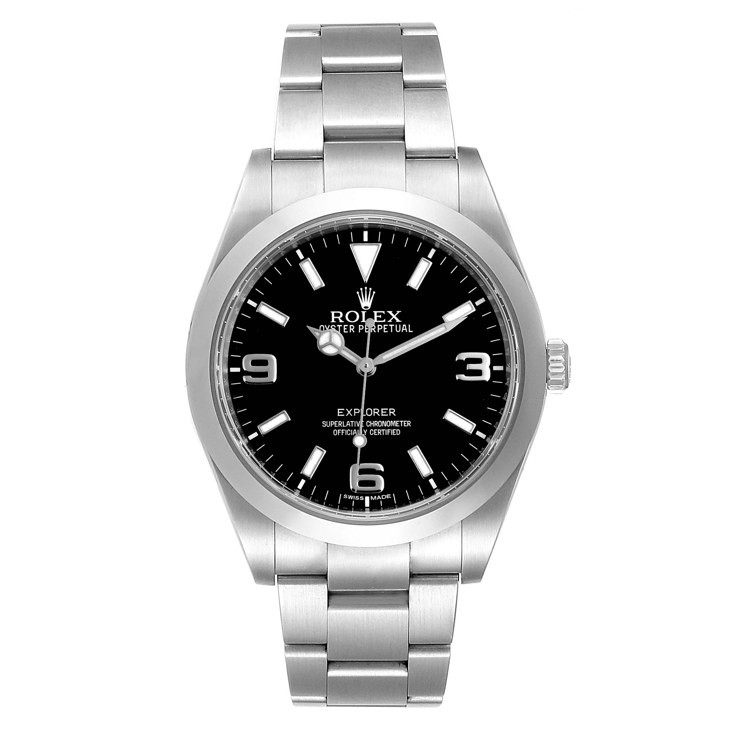 The image shows a front view of a Rolex Explorer 214270 Men
s Stainless Steel Black Dial 214270 Men
s Stainless Steel Black Dial watch, displaying its black dial, numerals, hands, case, and bracelet.