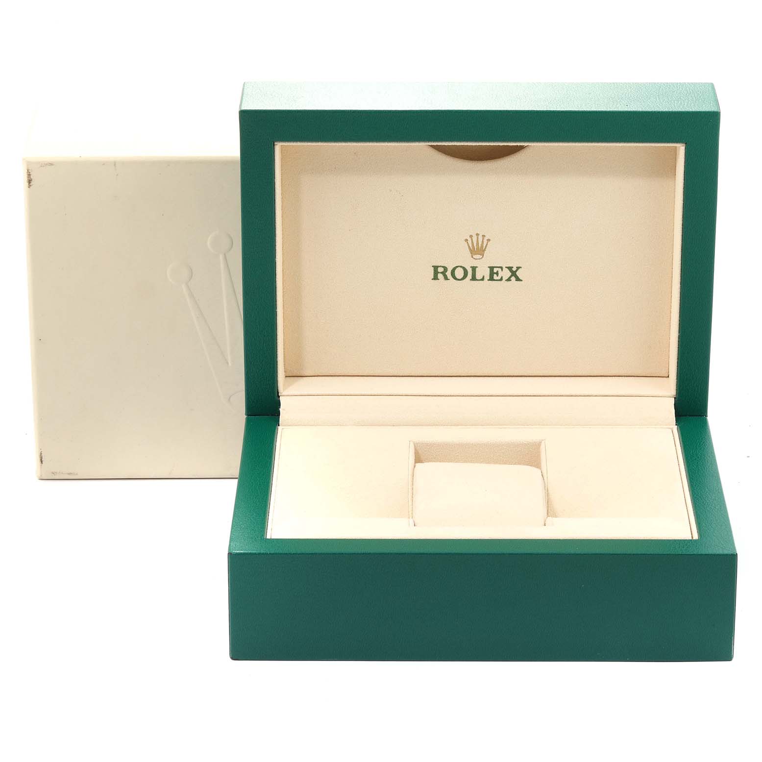 The image shows an empty open box for a Rolex Explorer 214270 Men
s Stainless Steel Black Dial 214270 Men
s Stainless Steel Black Dial watch, displaying the brand
s logo.