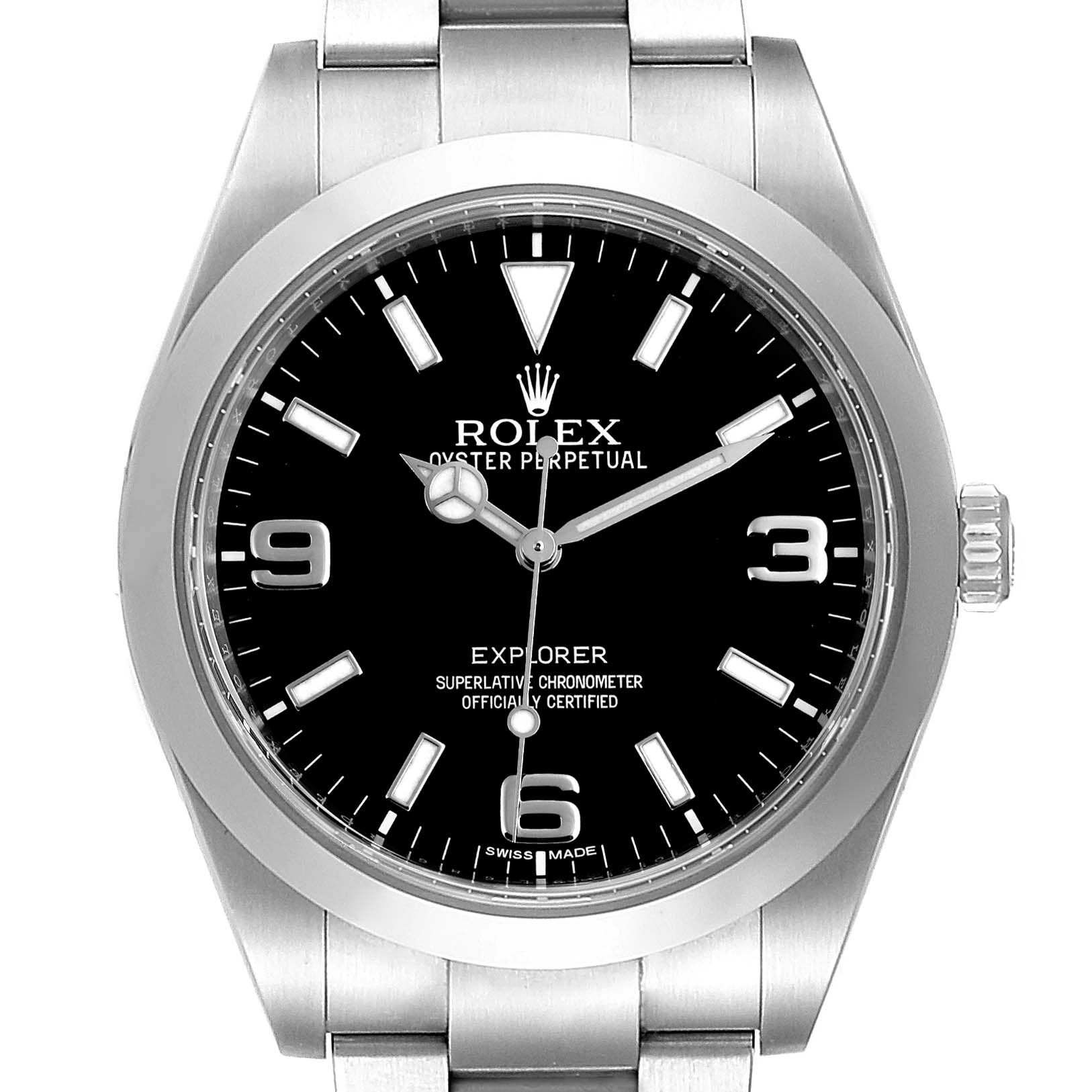 The image shows a front view of the Rolex Explorer 214270 Men
s Stainless Steel Black Dial 214270 Men
s Stainless Steel Black Dial watch featuring its dial, hands, case, and part of the bracelet.