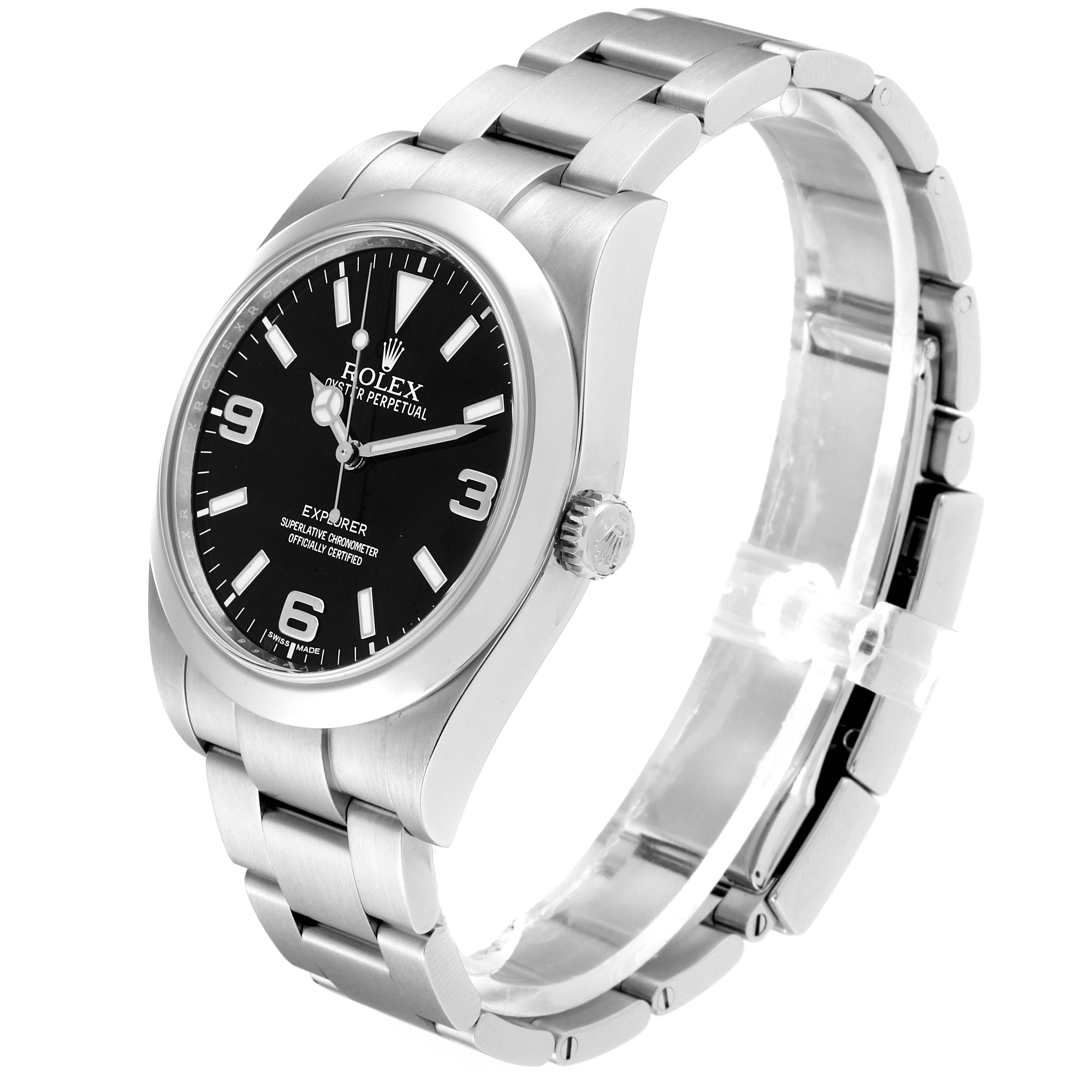 The image shows a side angle of the Rolex Explorer 214270 Men
s Stainless Steel Black Dial 214270 Men
s Stainless Steel Black Dial watch, highlighting its black dial, stainless steel case, and bracelet.
