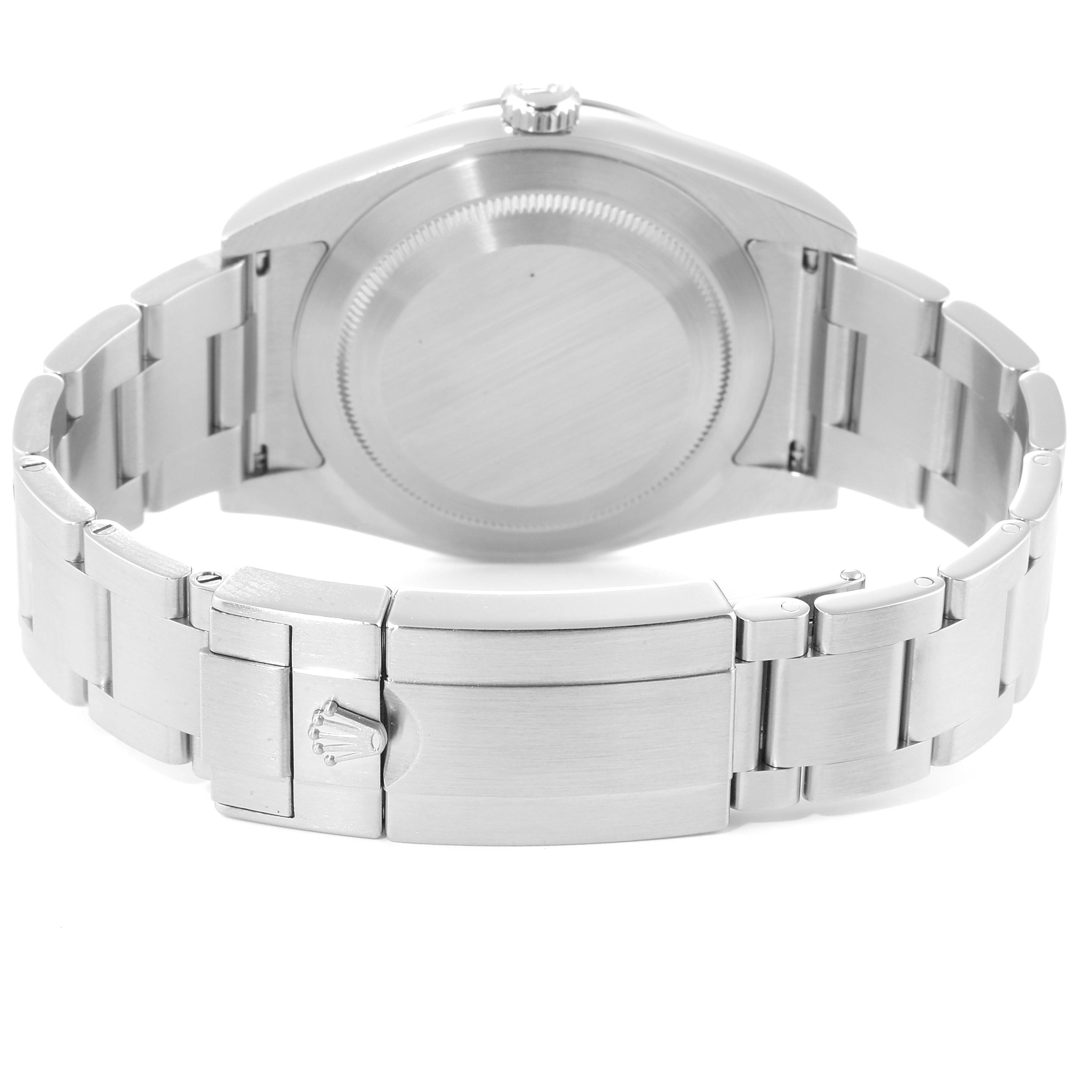 This image shows the back case and bracelet clasp of a Rolex Explorer 214270 Men
s Stainless Steel Black Dial 214270 Men
s Stainless Steel Black Dial watch.