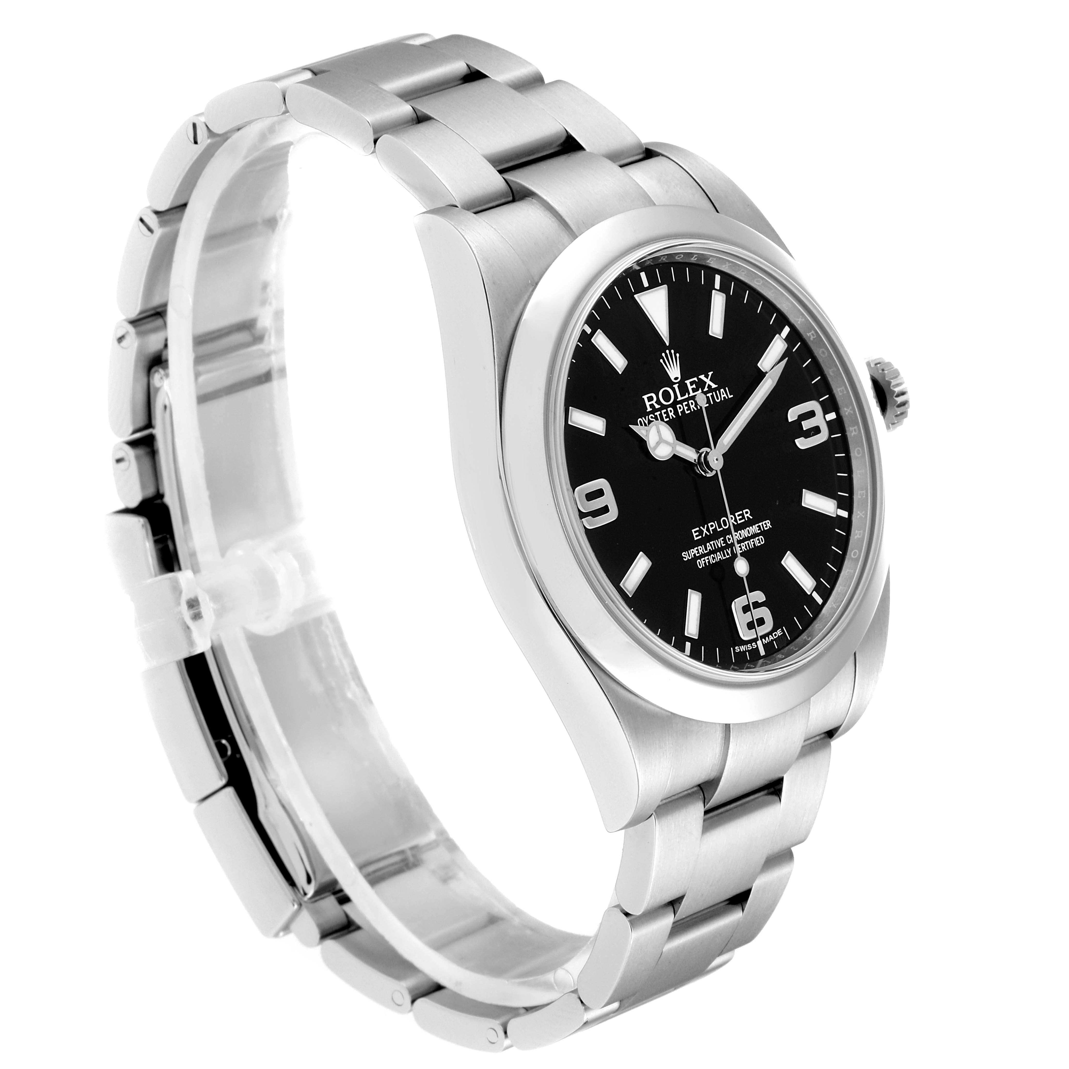 The image shows a side angle of a Rolex Explorer 214270 Men
s Stainless Steel Black Dial 214270 Men
s Stainless Steel Black Dial watch, displaying its face, bezel, crown, and bracelet band.