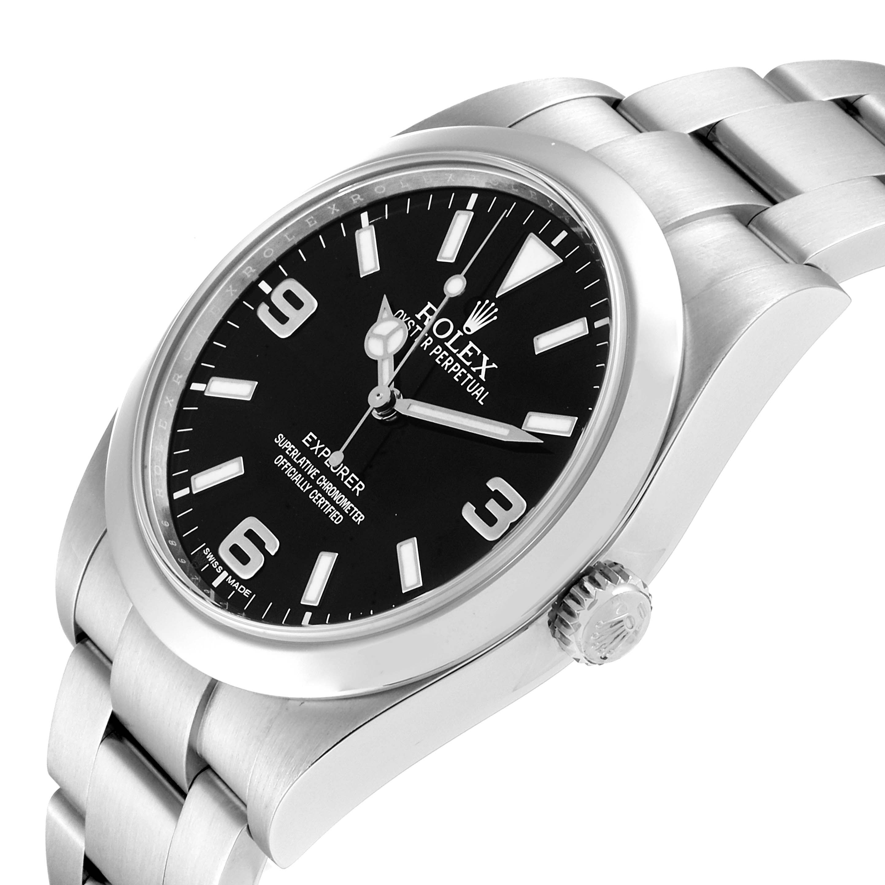 This image shows a Rolex Explorer 214270 Men
s Stainless Steel Black Dial 214270 Men
s Stainless Steel Black Dial watch at a three-quarter angle, highlighting the dial, bezel, and part of the bracelet.