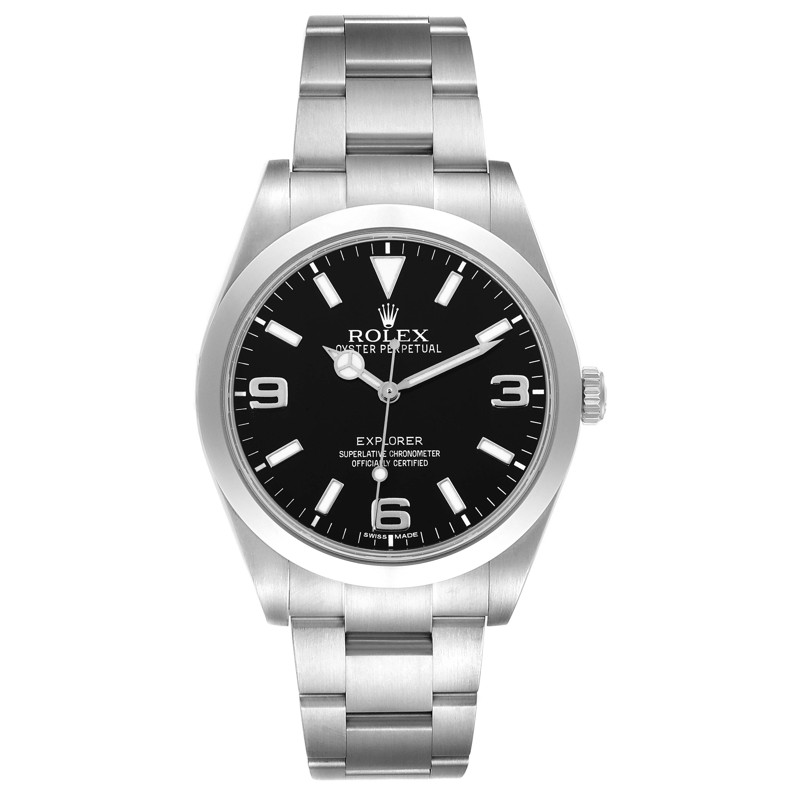 The image shows a front view of a Rolex Explorer 214270 Men's Stainless Steel Black Dial 214270 Men's Stainless Steel Black Dial watch, highlighting its black dial, silver hands, and stainless steel bracelet.