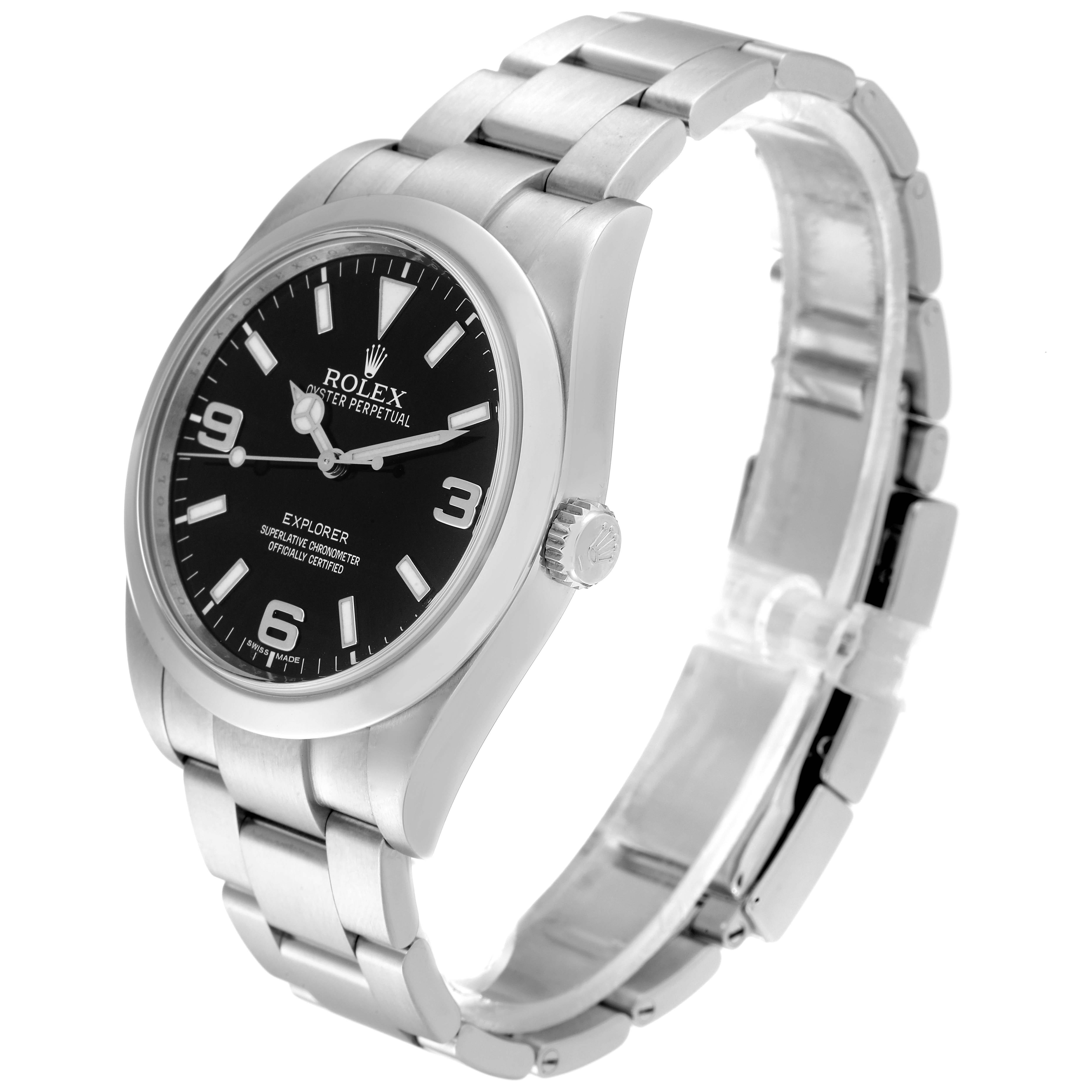 The Rolex Explorer 214270 Men's Stainless Steel Black Dial 214270 Men's Stainless Steel Black Dial watch is shown at a three-quarter angle, highlighting the face, bezel, and bracelet.