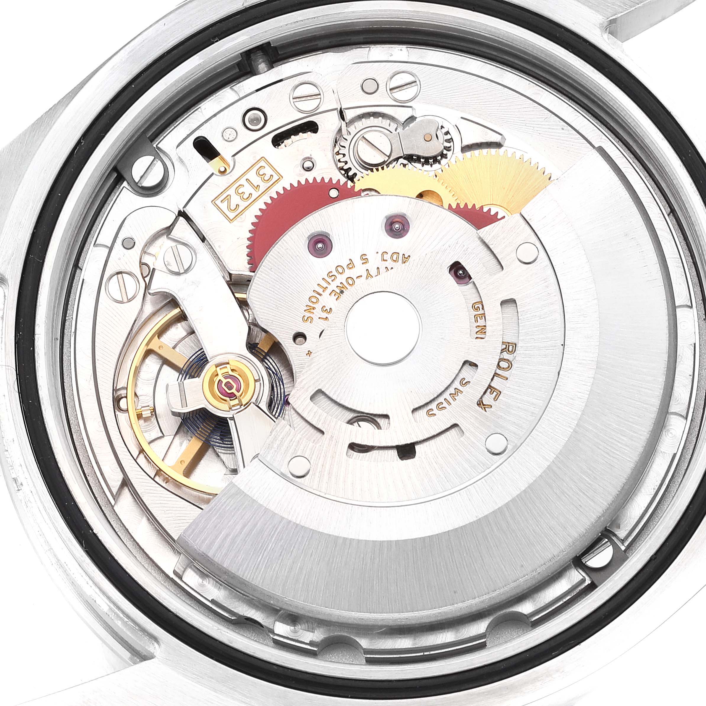 This image shows the internal mechanism of a Rolex Explorer 214270 Men's Stainless Steel Black Dial 214270 Men's Stainless Steel Black Dial watch from a straight-on angle.