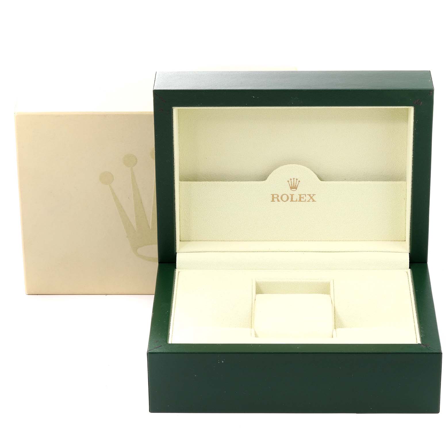 An empty Explorer model Rolex watch box is shown, open, displaying its inner compartments and logo.