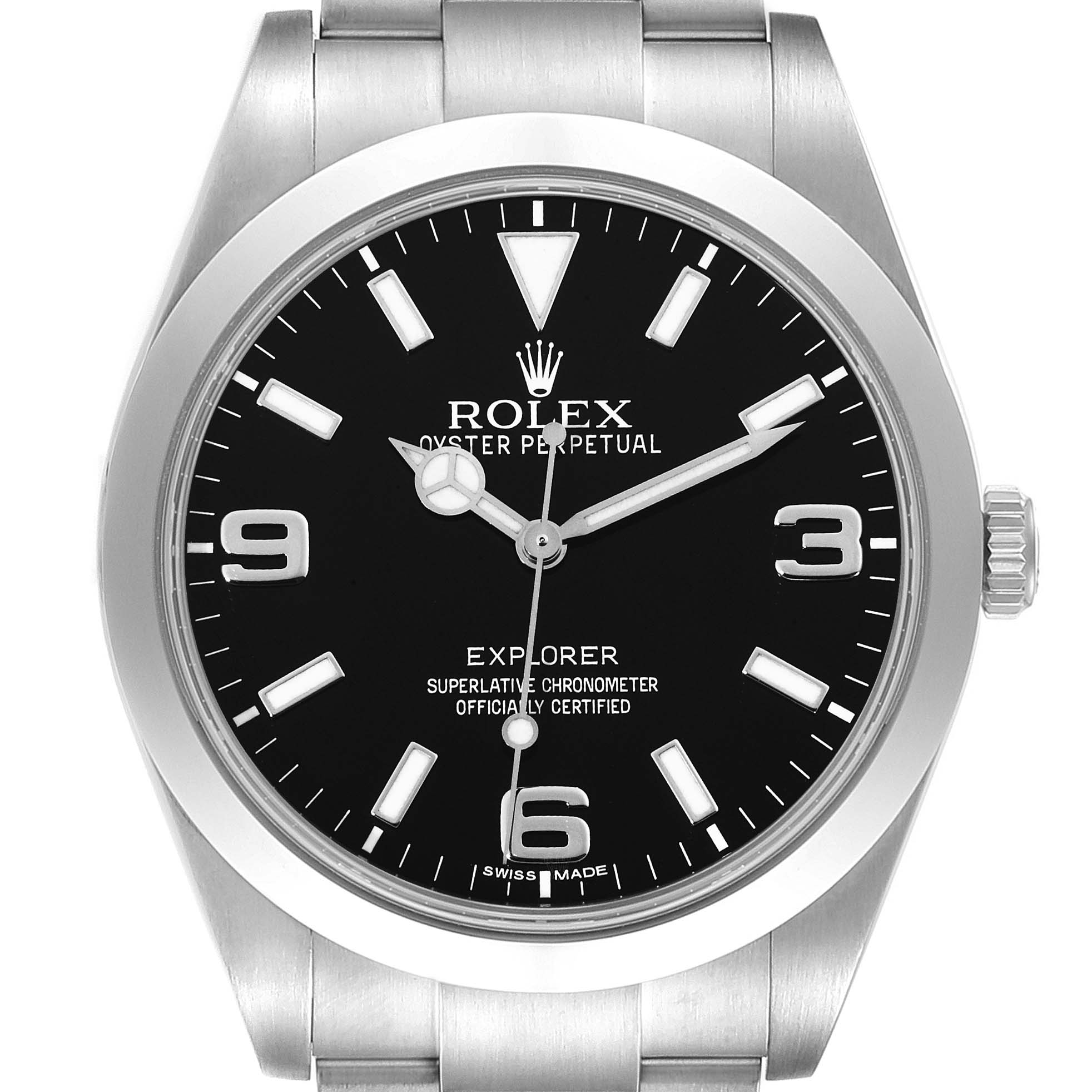 The image shows a front view of the Rolex Explorer 214270 Men's Stainless Steel Black Dial 214270 Men's Stainless Steel Black Dial watch, displaying the dial, bezel, and part of the bracelet.